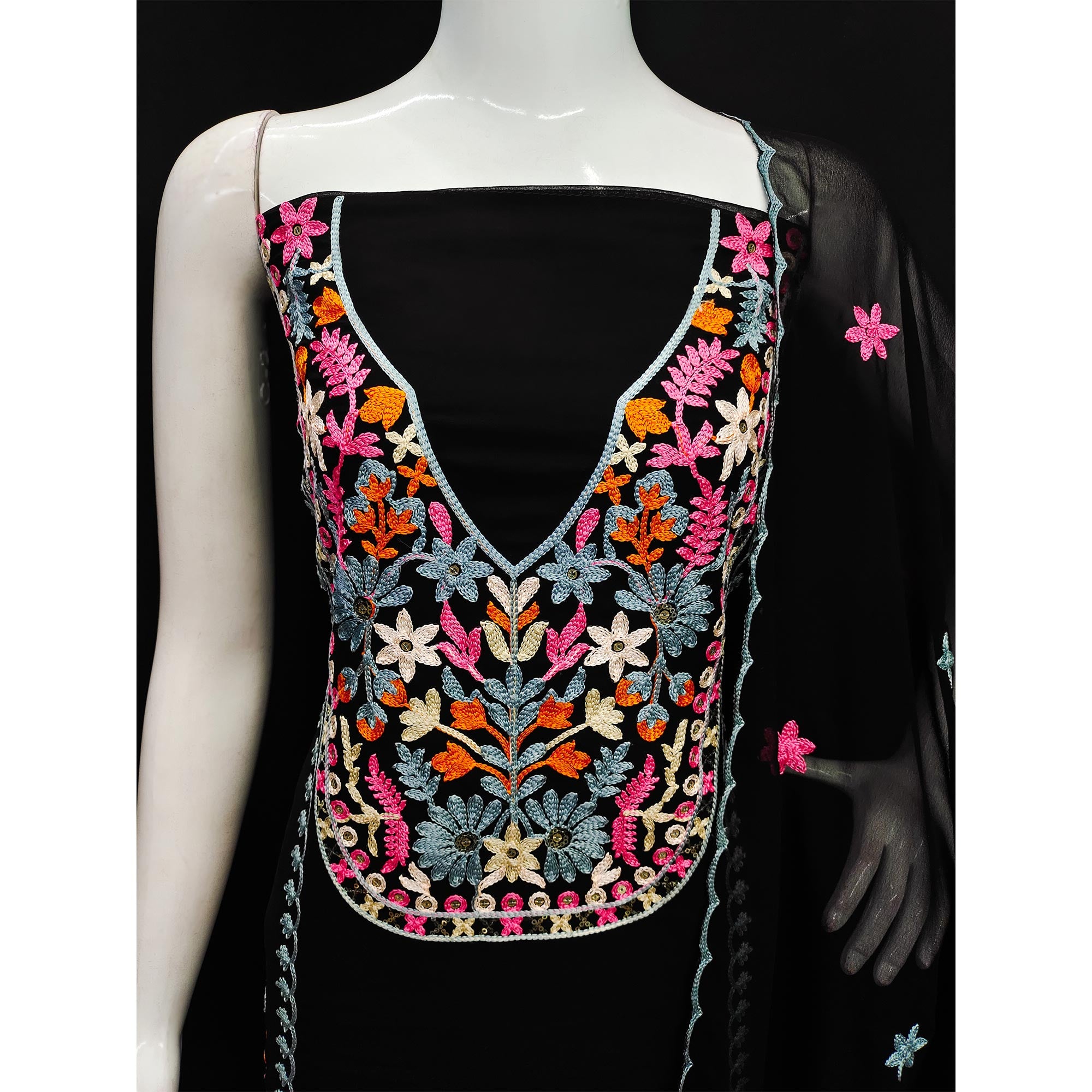 Black Floral Embroidered Georgette Dress Material