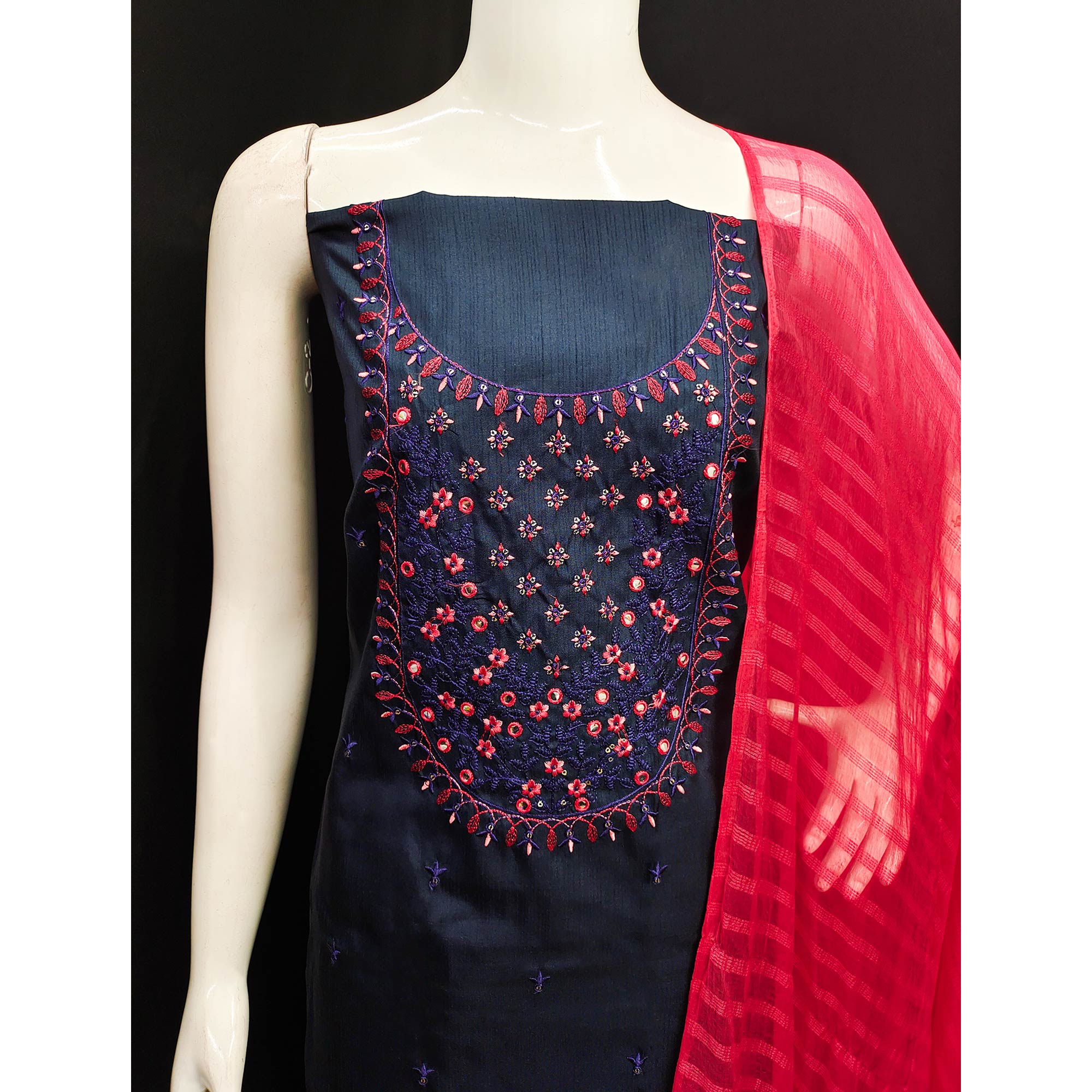 Navy Blue Embroidered Art Silk Dress Material