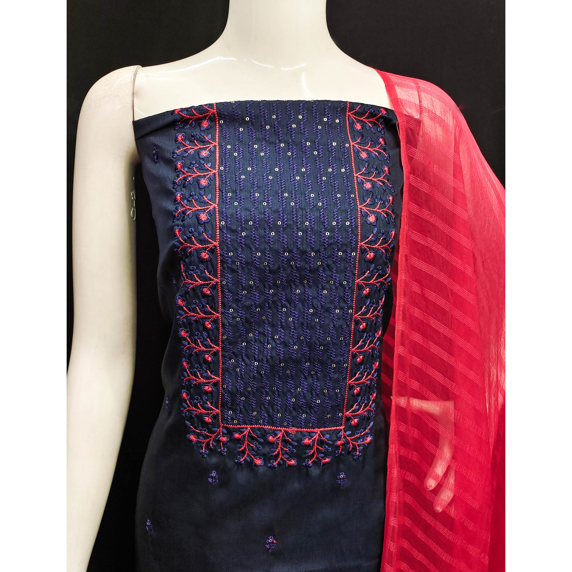 Navy Blue Embroidered Art Silk Dress Material