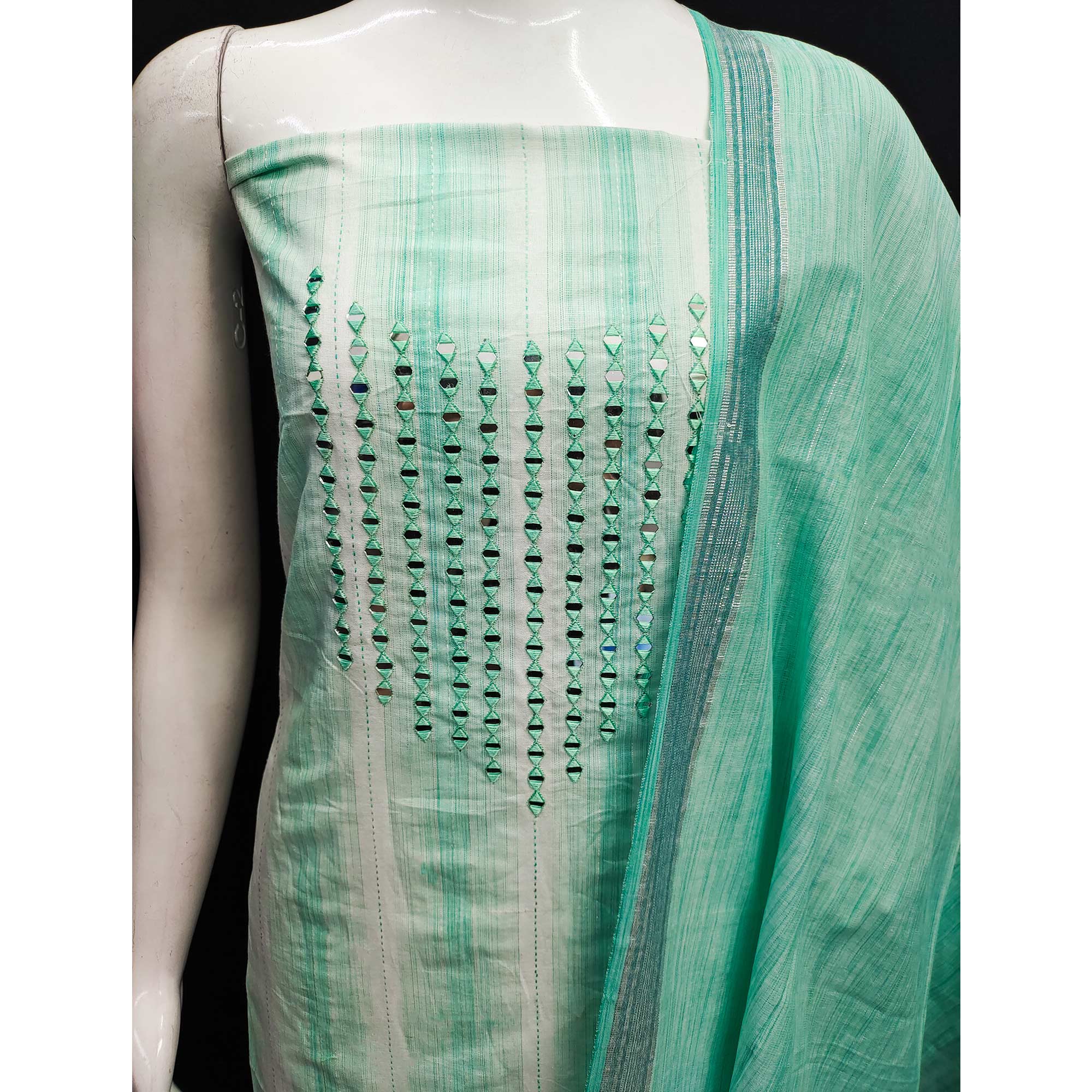 Green Embroidered Pure Cotton Dress Material