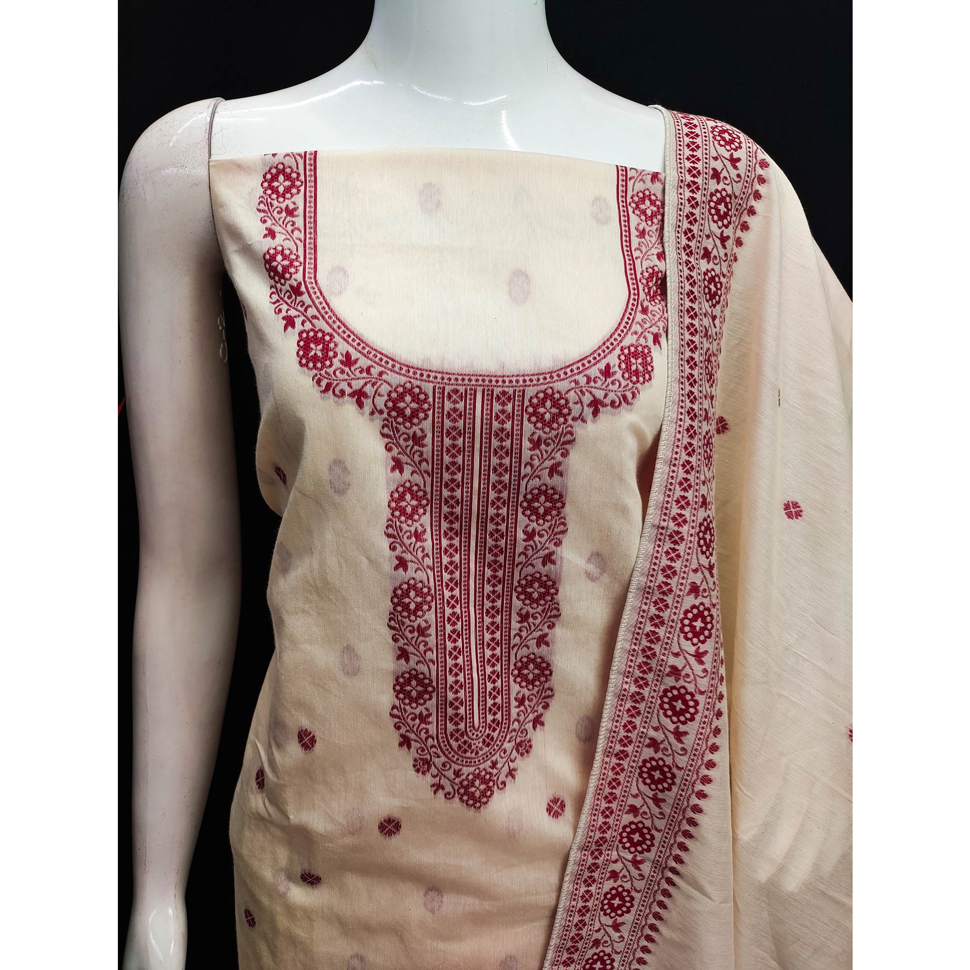 Off White Woven Pure Cotton Dress Material