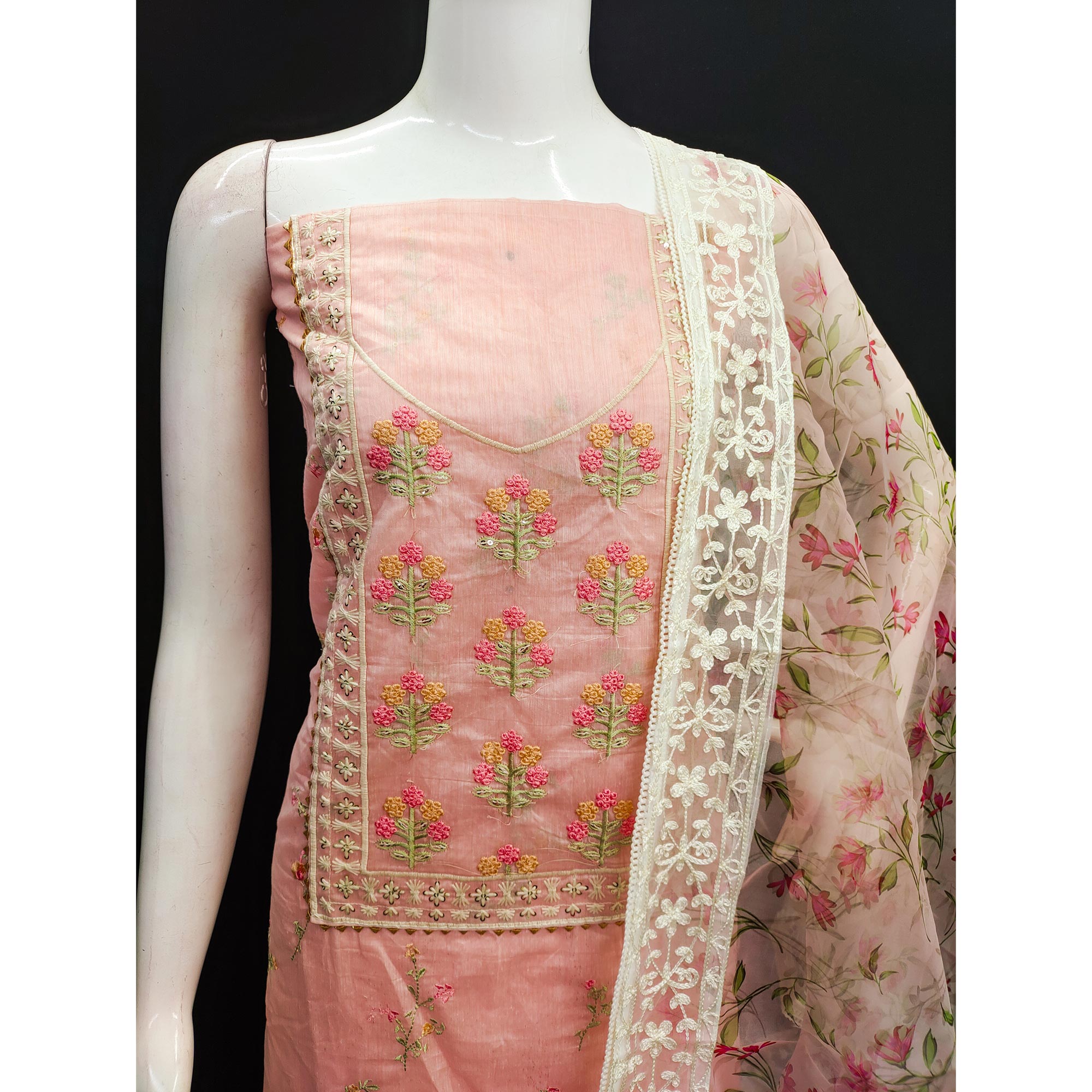 Peach Floral Embroidered Chanderi Dress Material