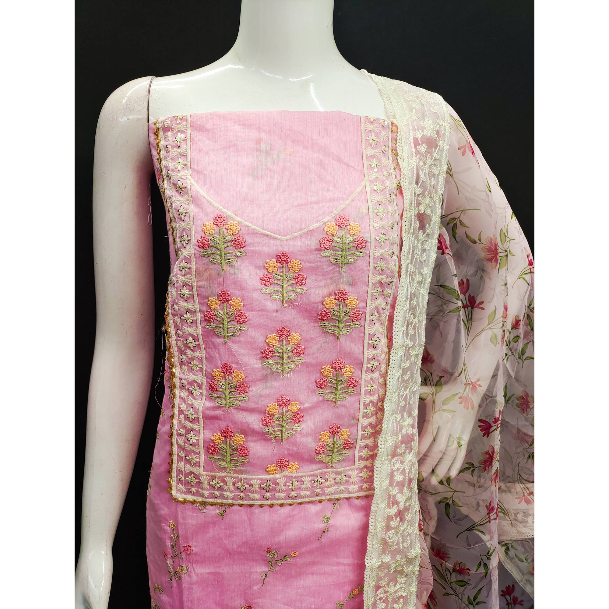 Pink Floral Embroidered Chanderi Dress Material