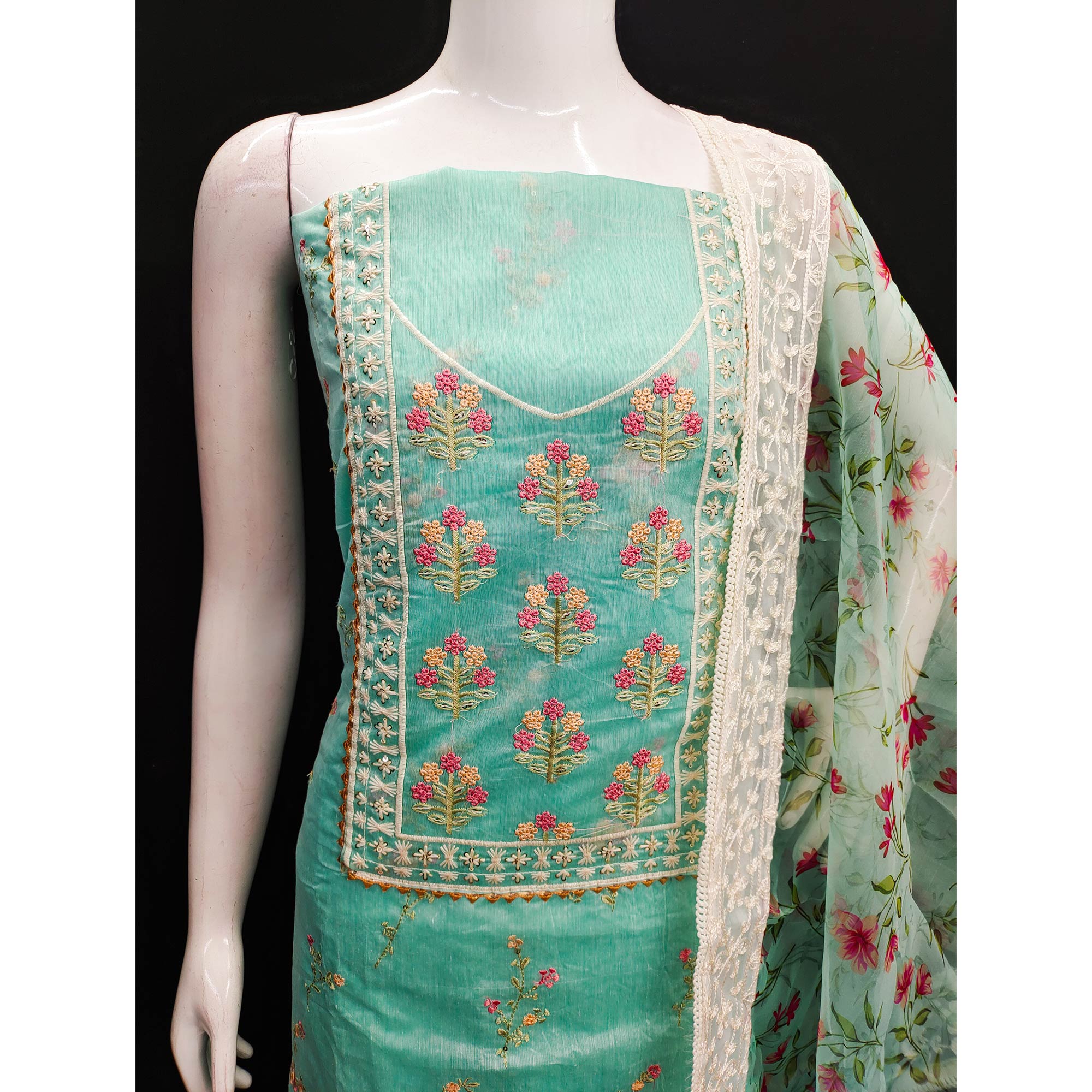 Turquoise Floral Embroidered Chanderi Dress Material