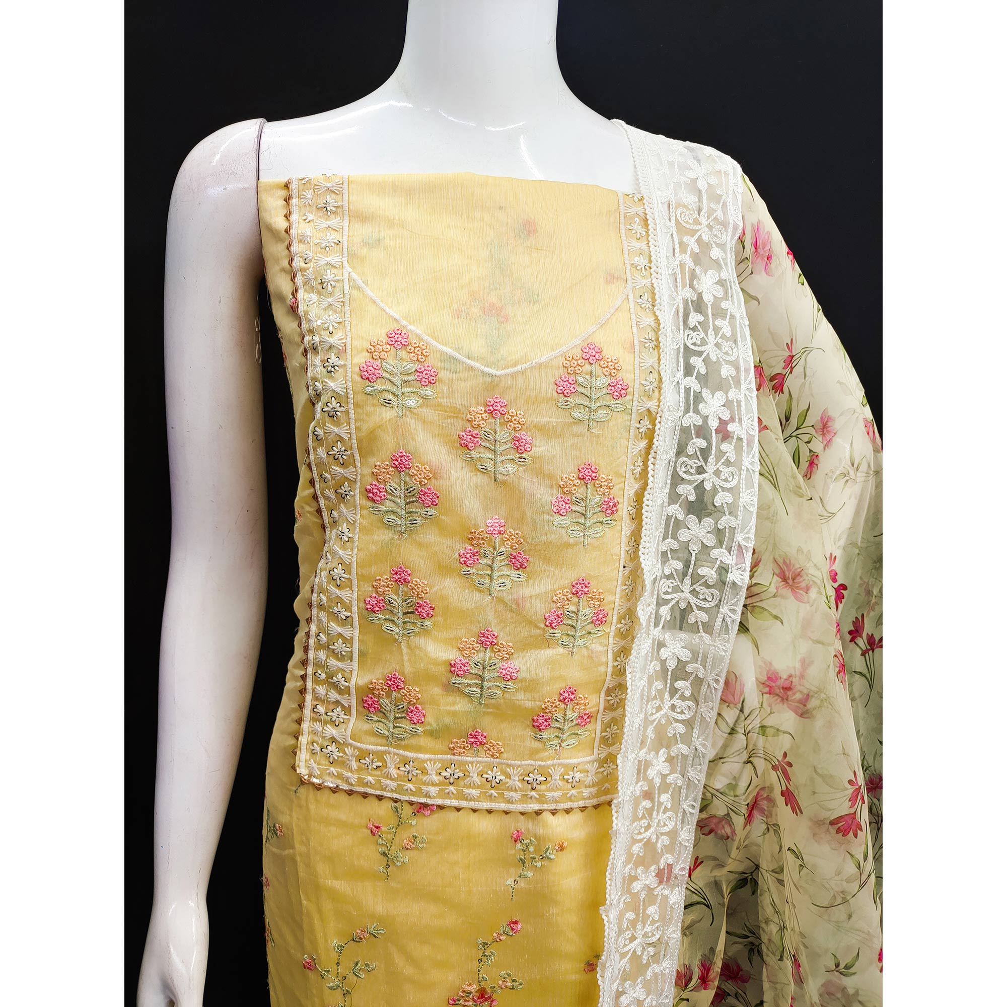 Yellow Floral Embroidered Chanderi Dress Material