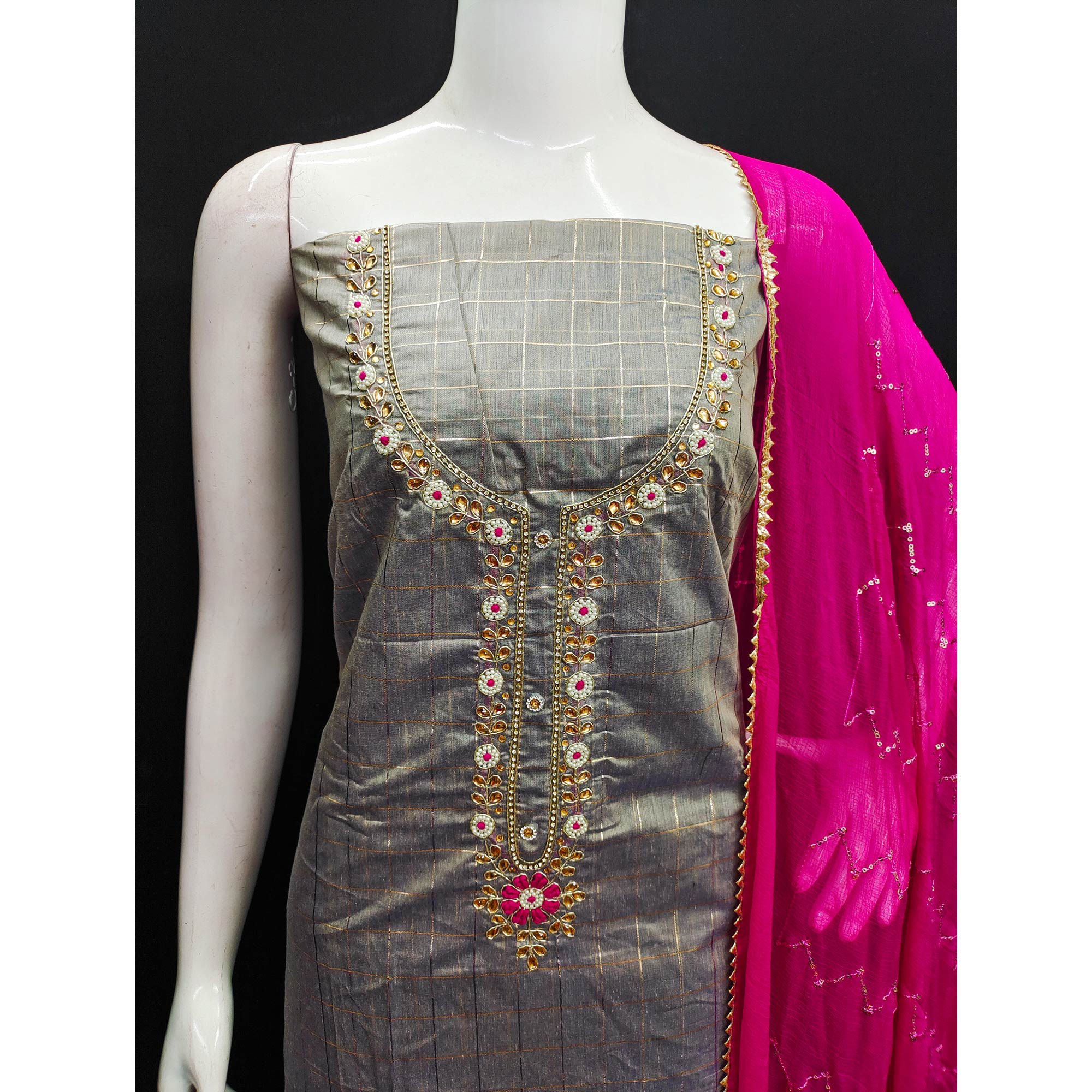 Grey Embroidered Chanderi Dress Material