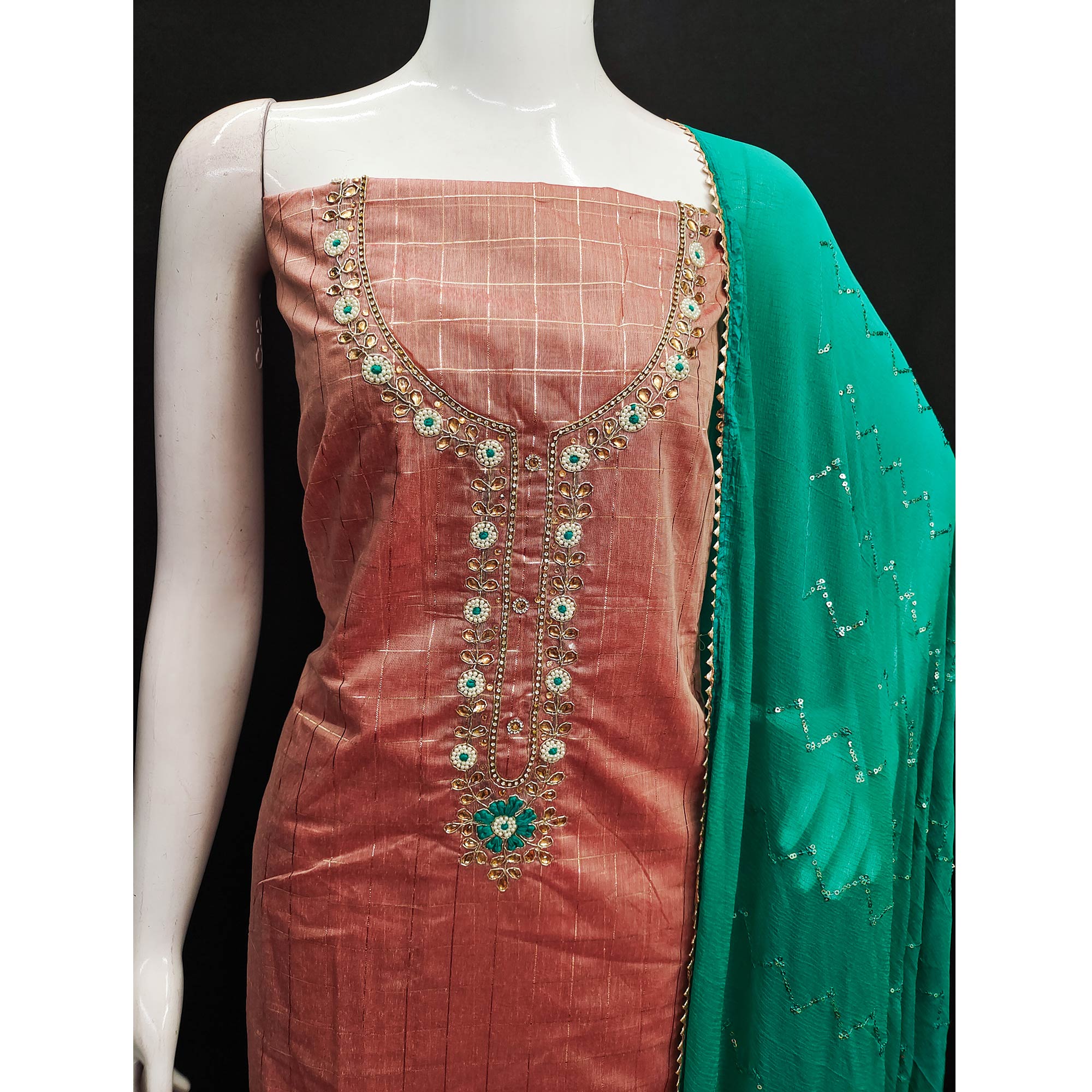 Peach Embroidered Chanderi Dress Material