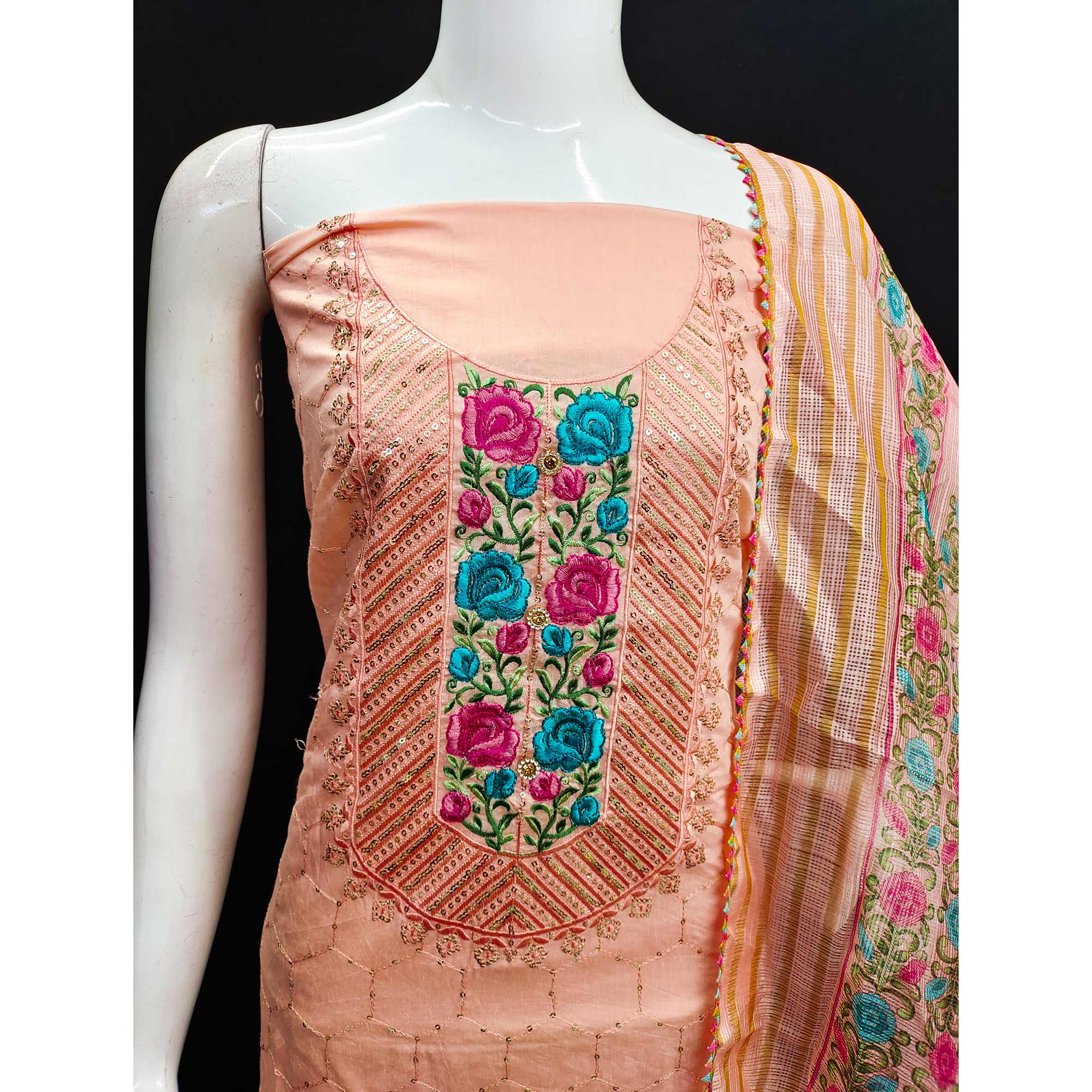 Peach Embroidered Chanderi Dress Material