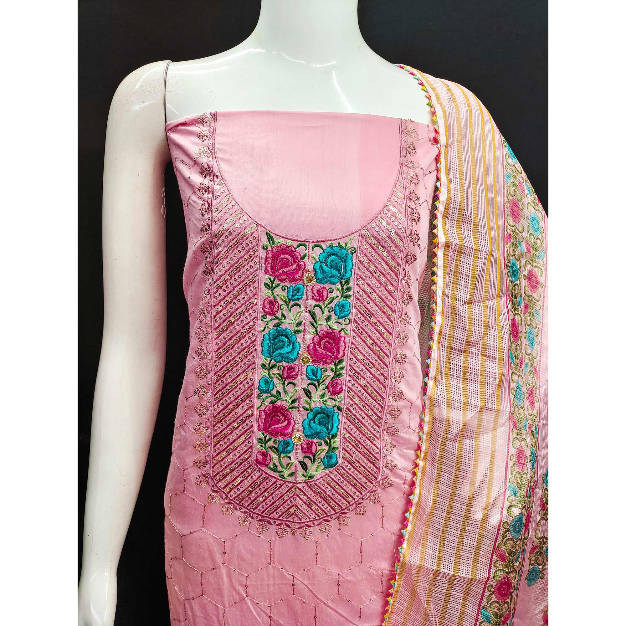 Pink Embroidered Chanderi Dress Material