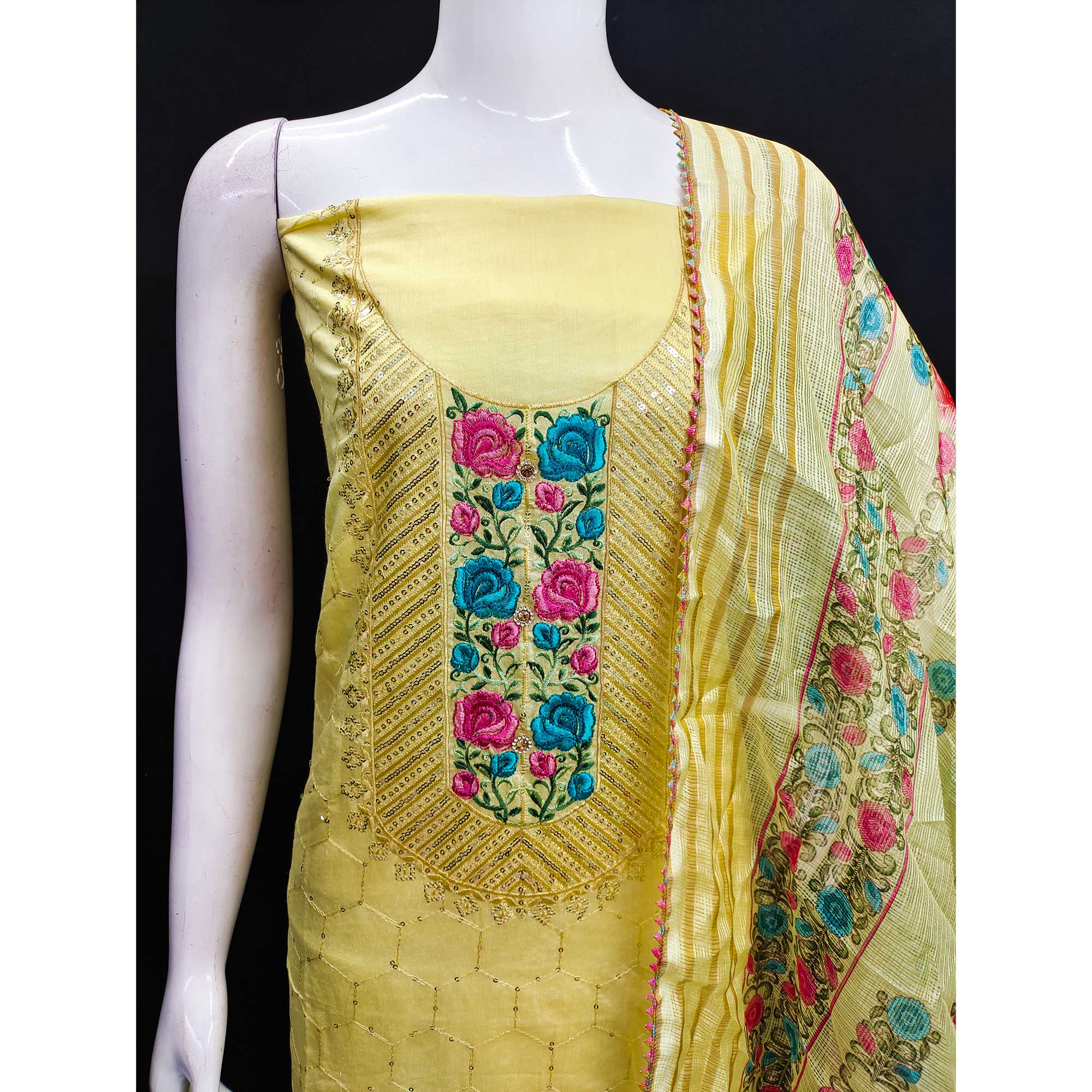Yellow Embroidered Chanderi Dress Material