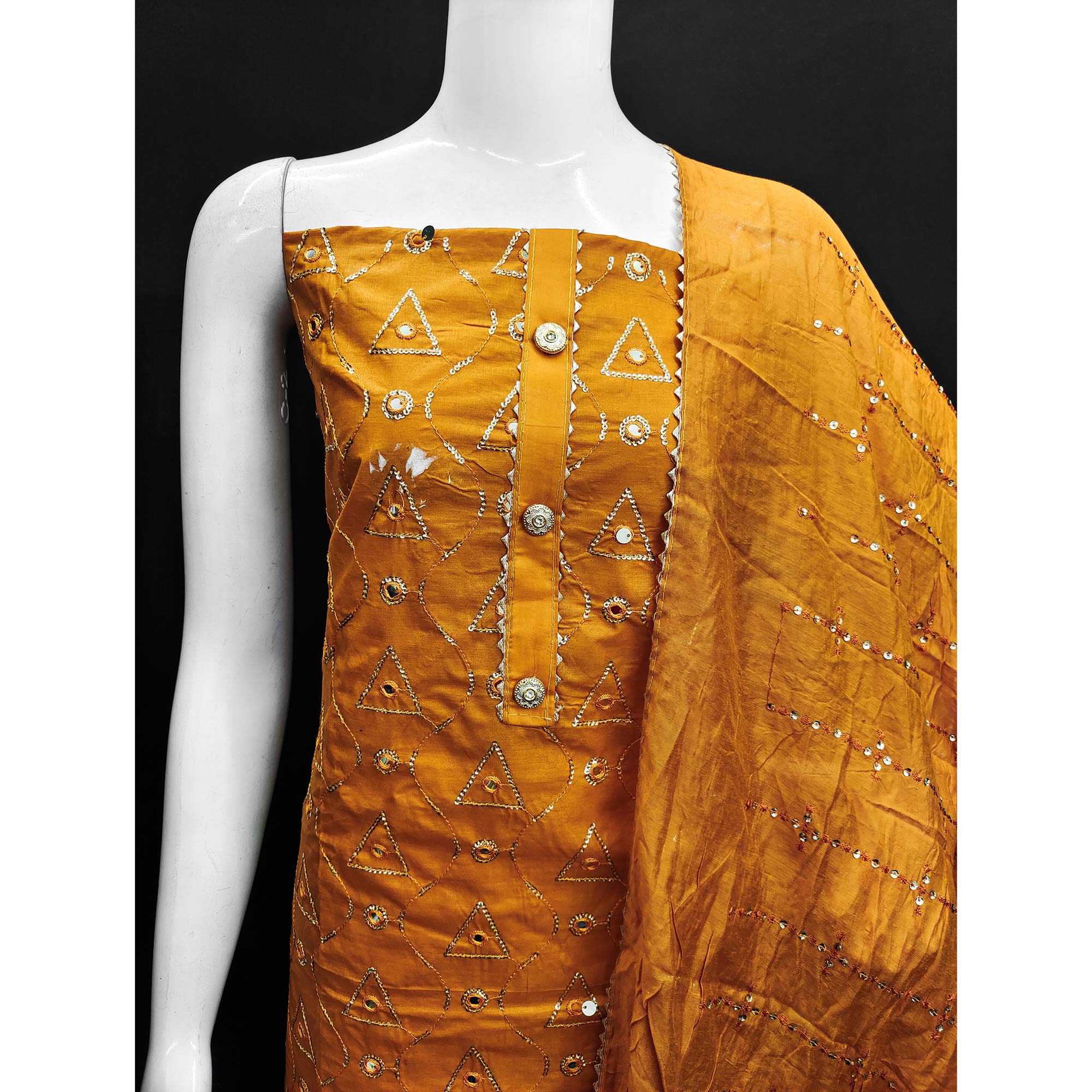 Mustard Embroidered Cotton Blend Dress Material