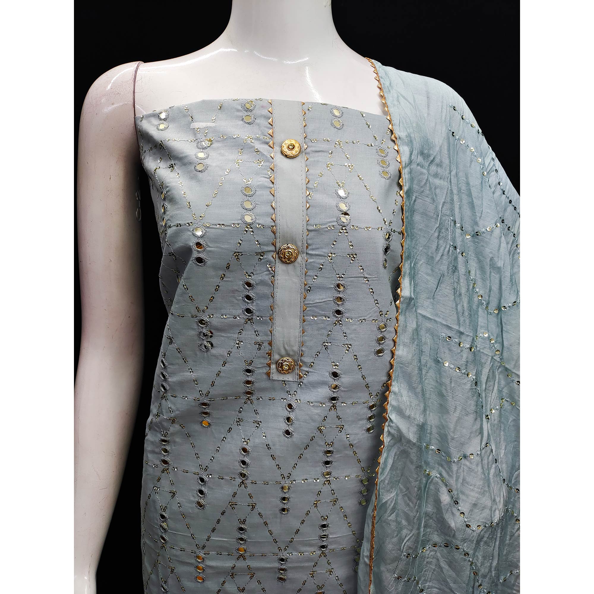 Grey Embroidered Cotton Blend Dress Material