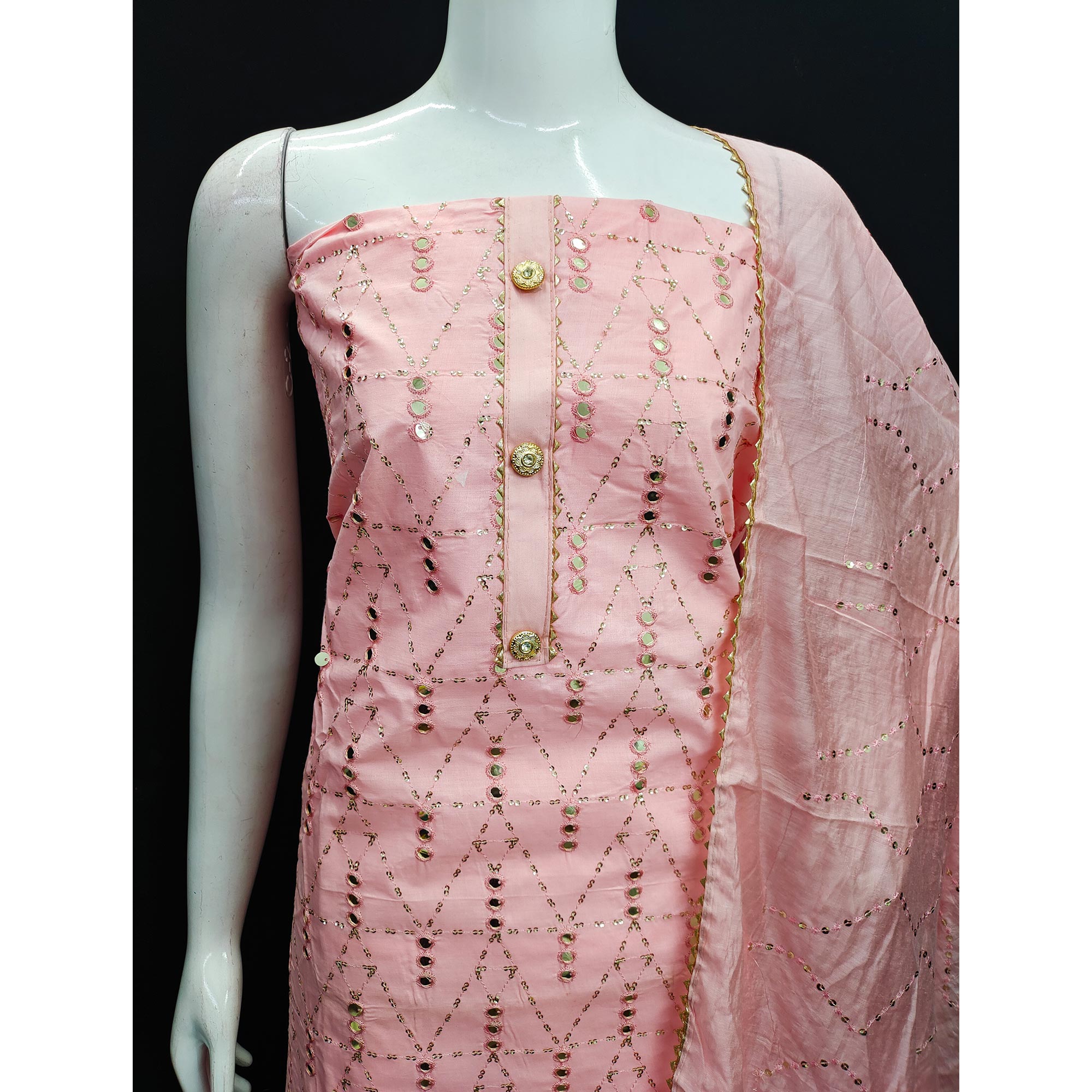 Peach Embroidered Cotton Blend Dress Material