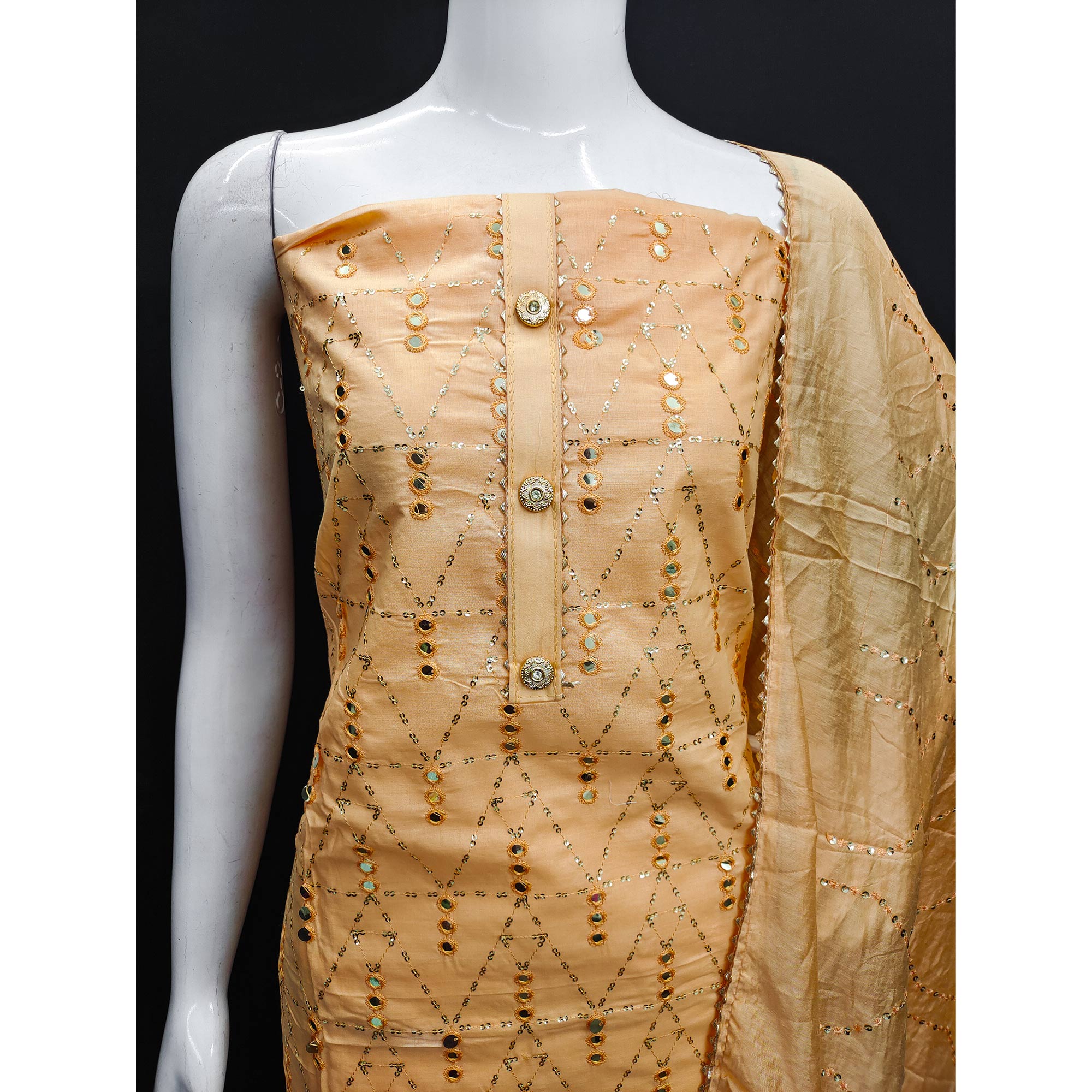 Yellow Embroidered Cotton Blend Dress Material