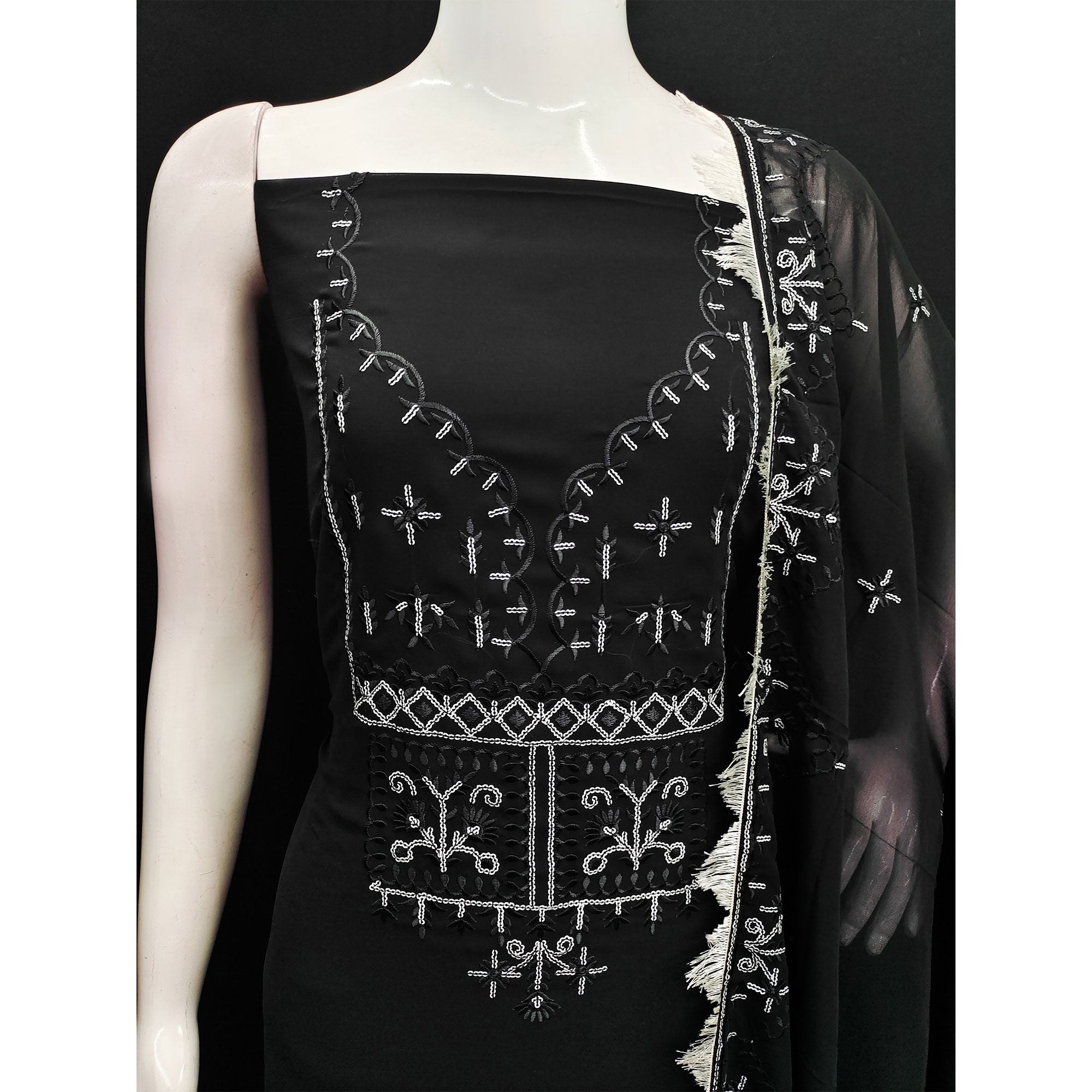 Black Embroidered Georgette Dress Material