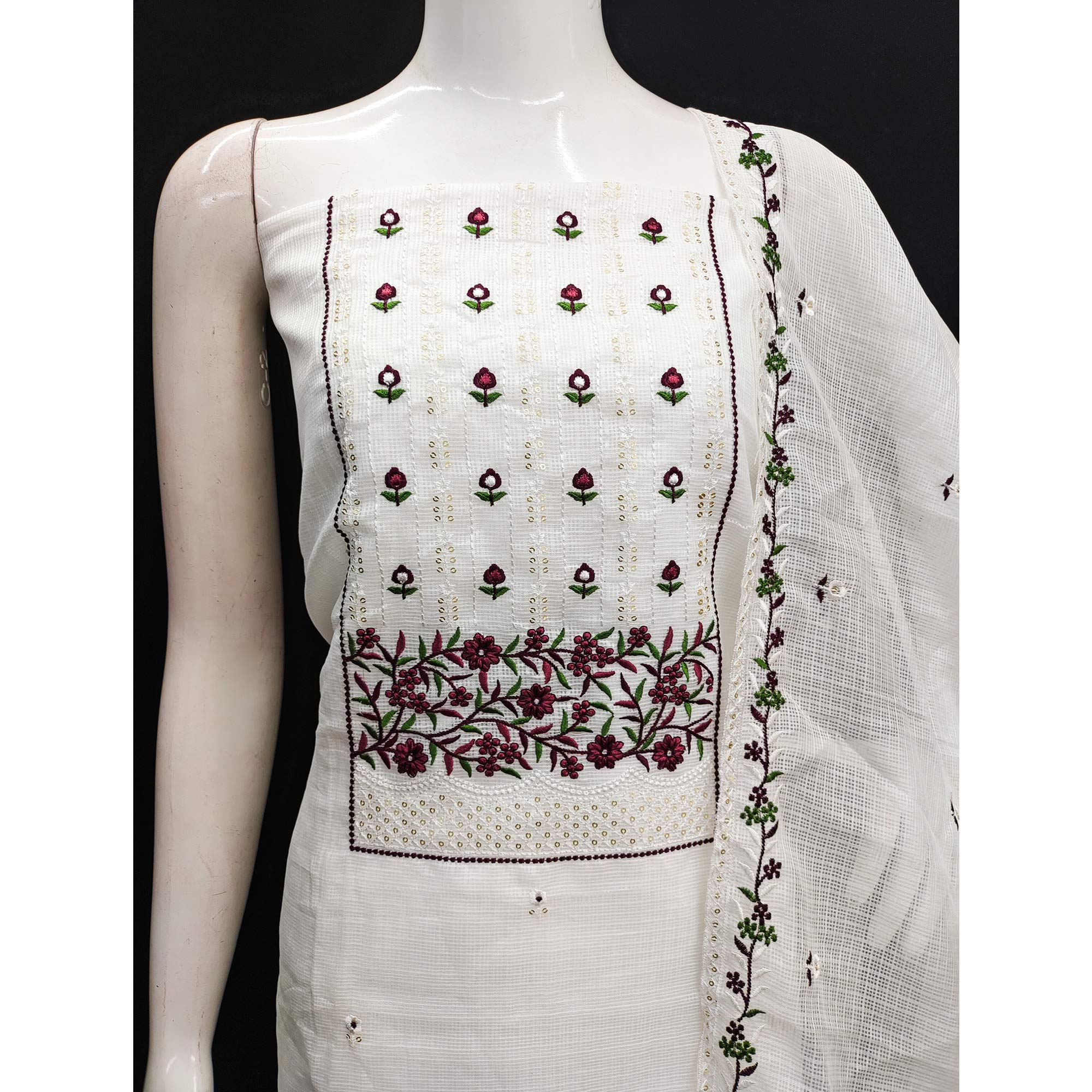 White & Maroon Floral Sequins Embroidered Kota Doria Dress Material