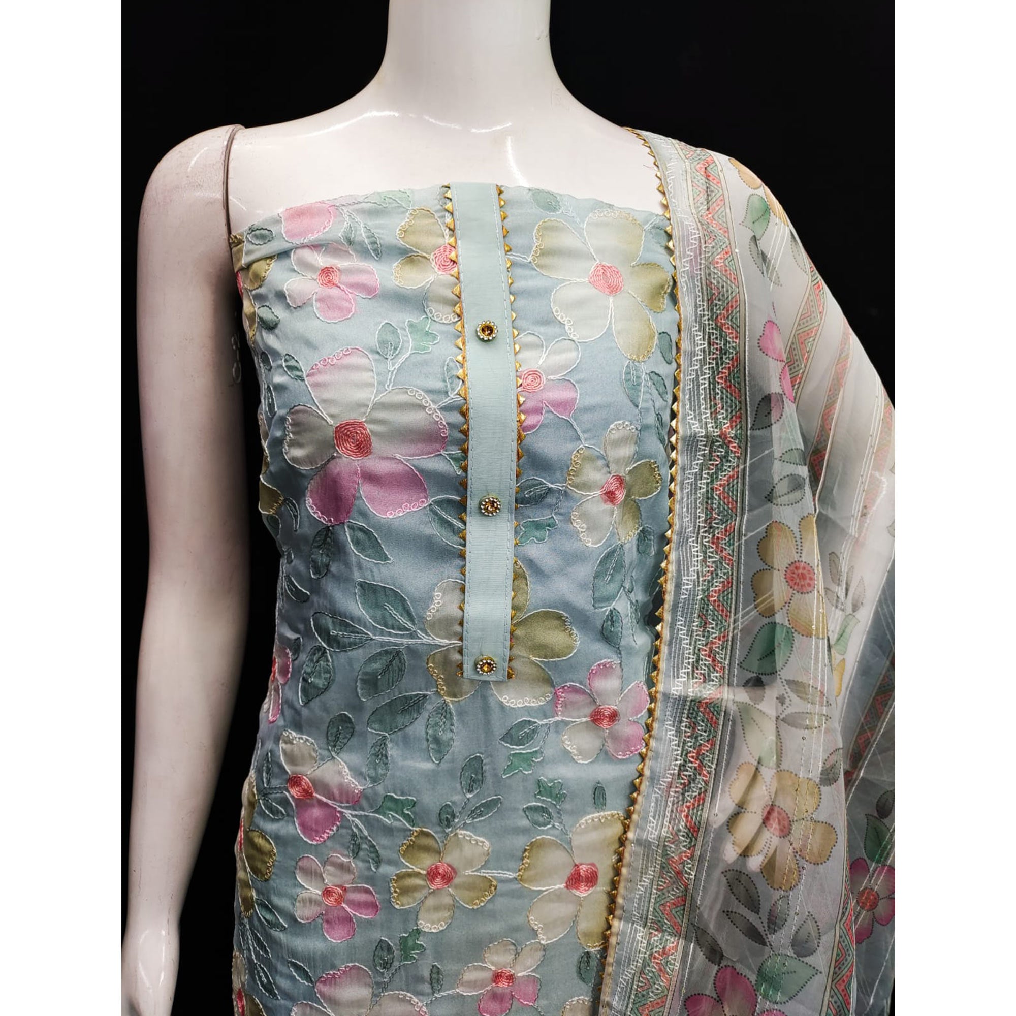 Grey Floral Printed Organza Dress Material