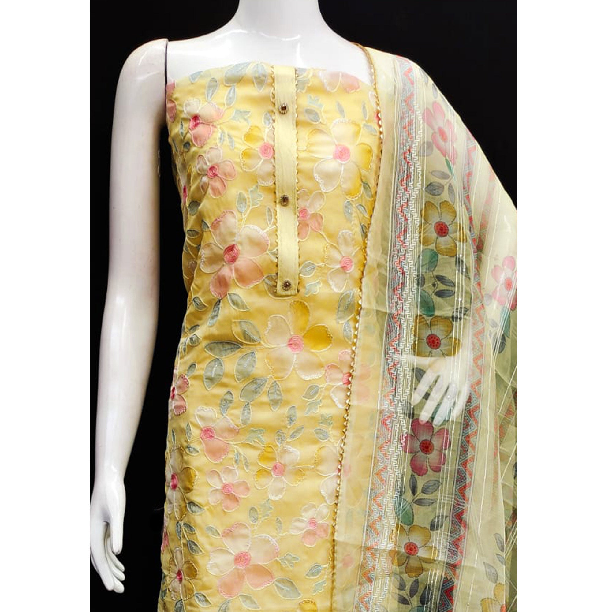 Yellow Floral Printed Organza Dress Material