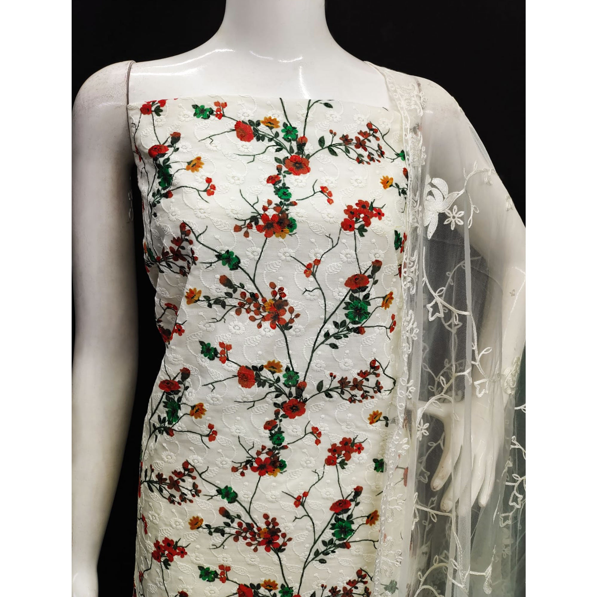 Off White Lucknowi With Embroidered Cotton Blend Dress Material
