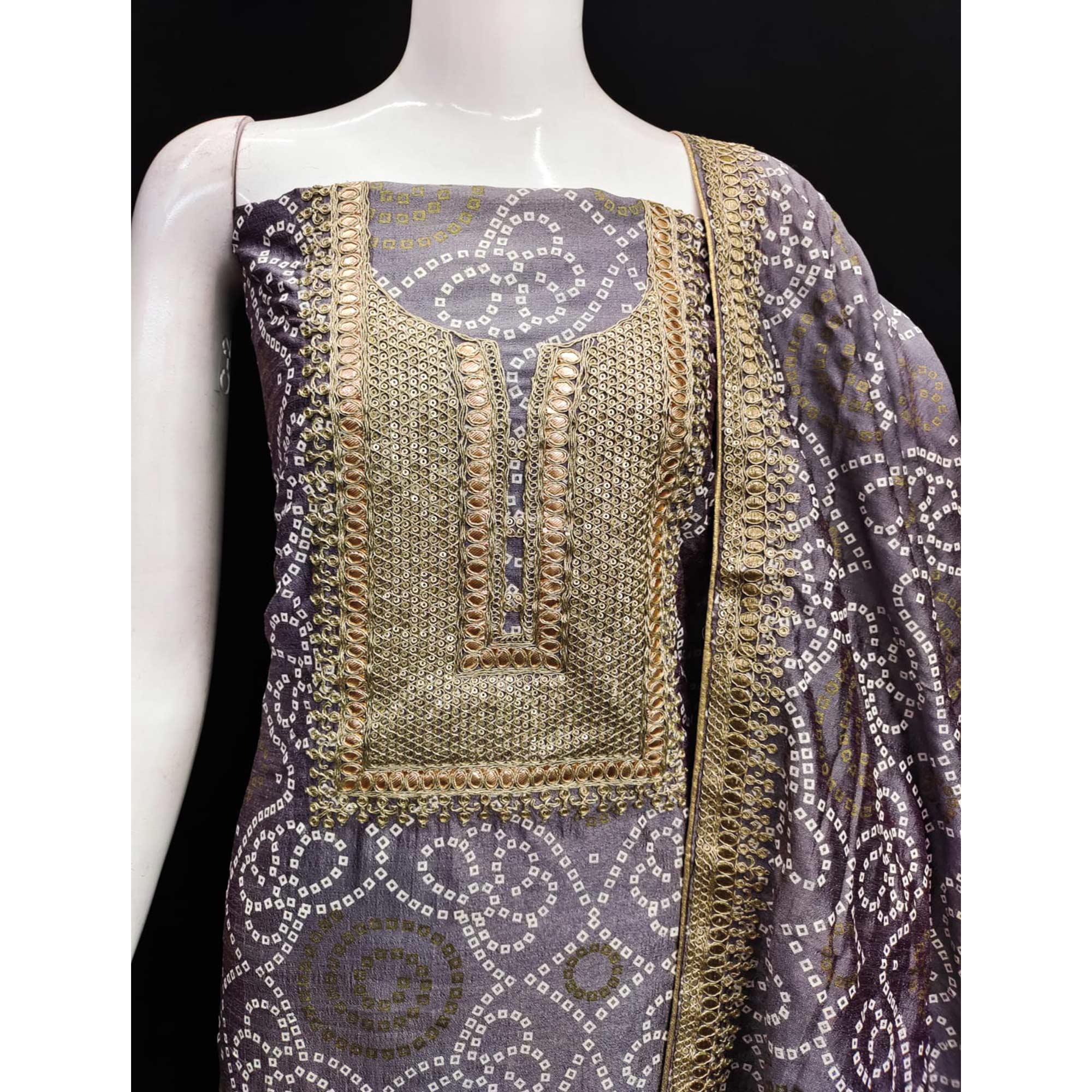 Purple Bandhani Printed With Embroidered Vichitra Silk Dress Material