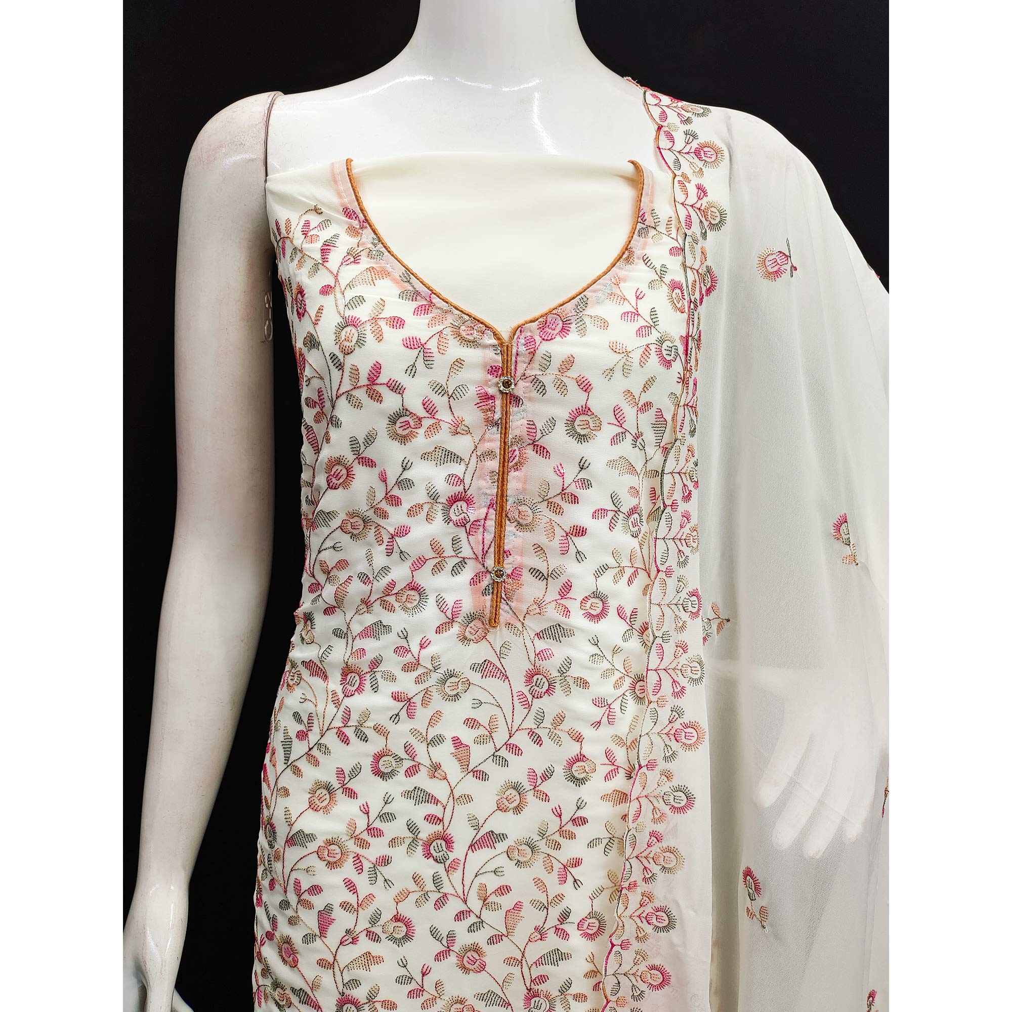 Off White Floral Embroidered Georgette Dress Material