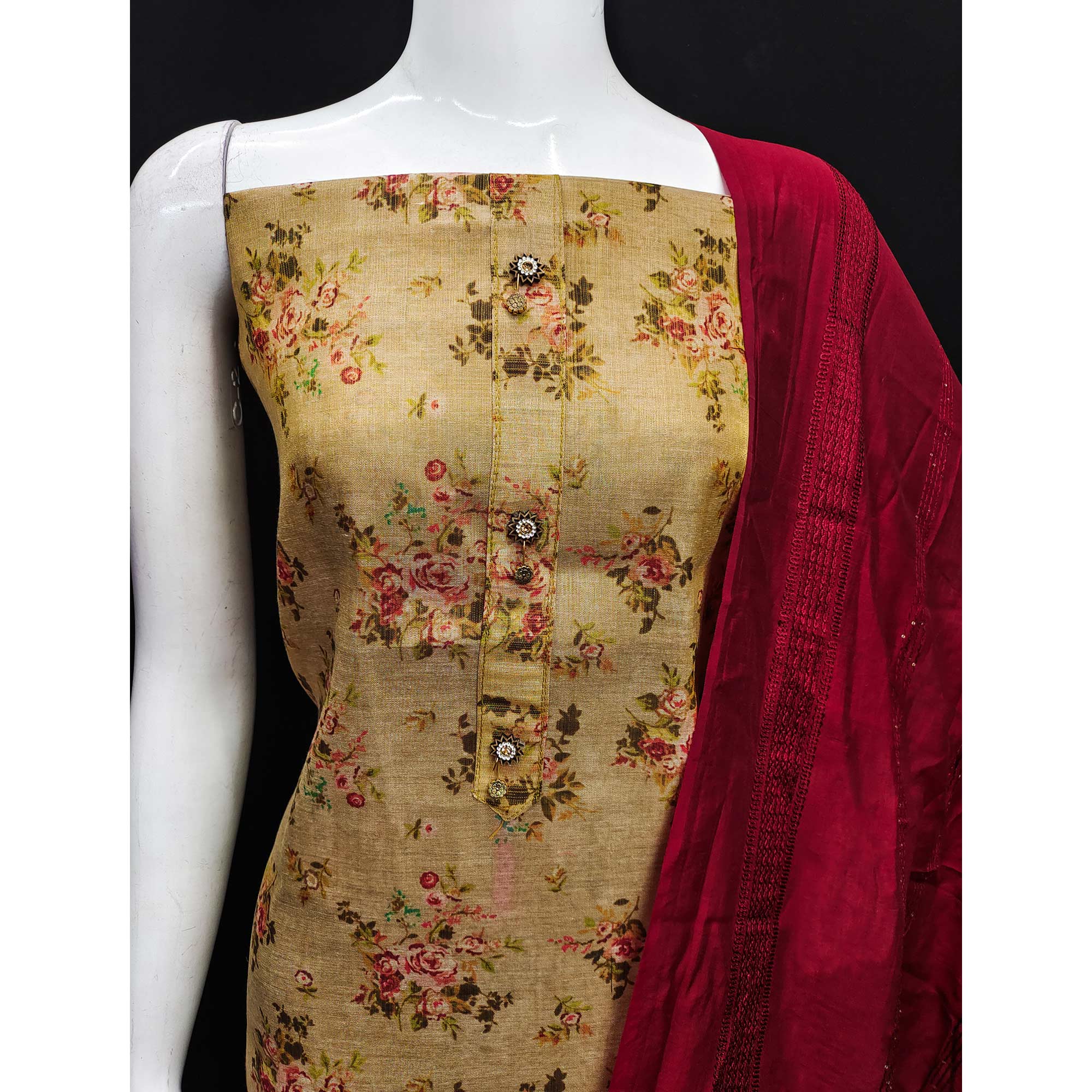 Beige Floral Printed Cotton Silk Dress Material