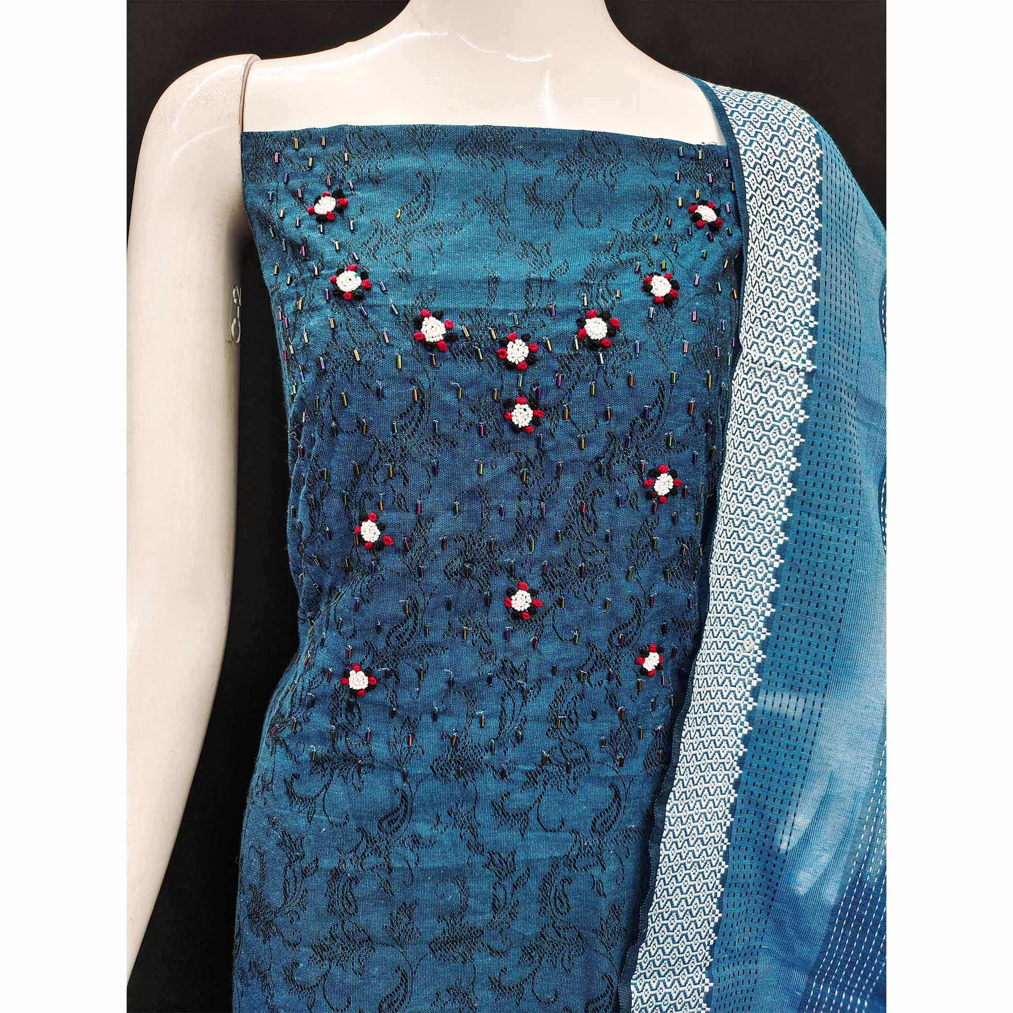 Blue Embroidered Pure Cotton Dress Material