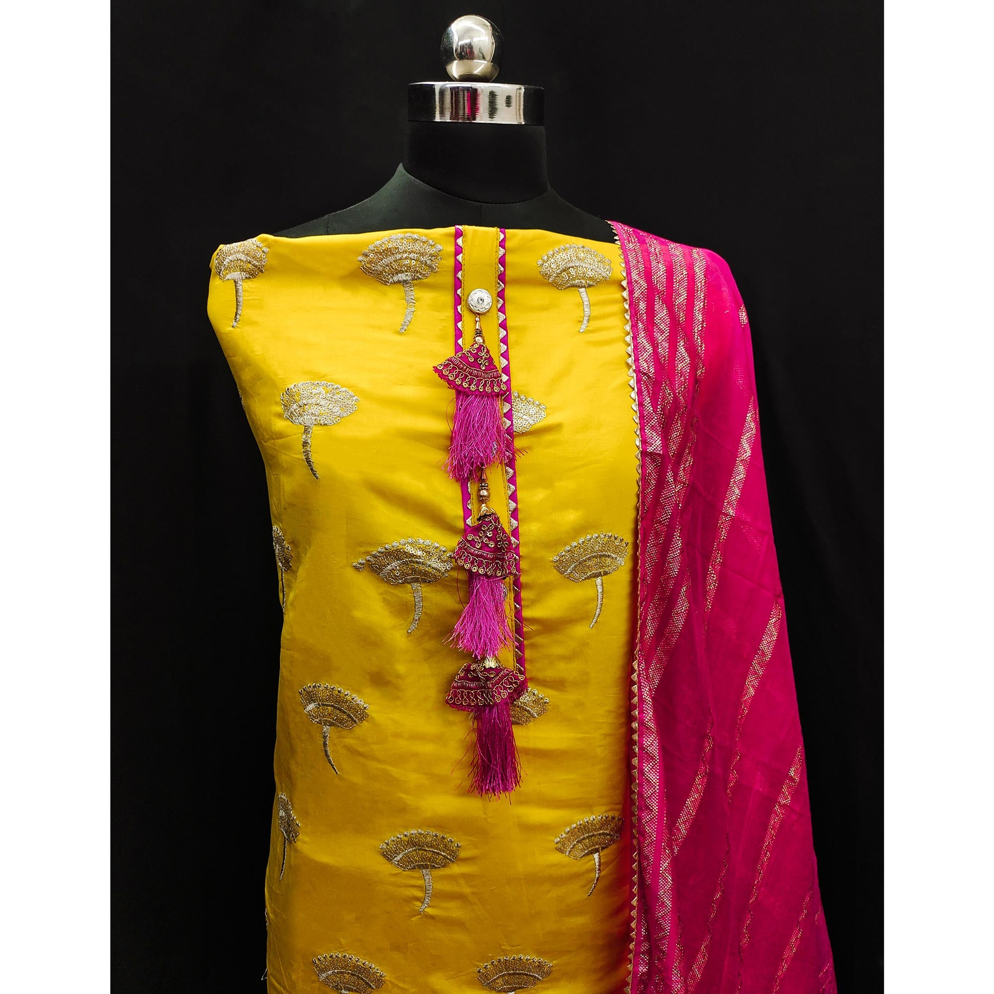 Yellow Floral Embroidered Viscose Dress Material