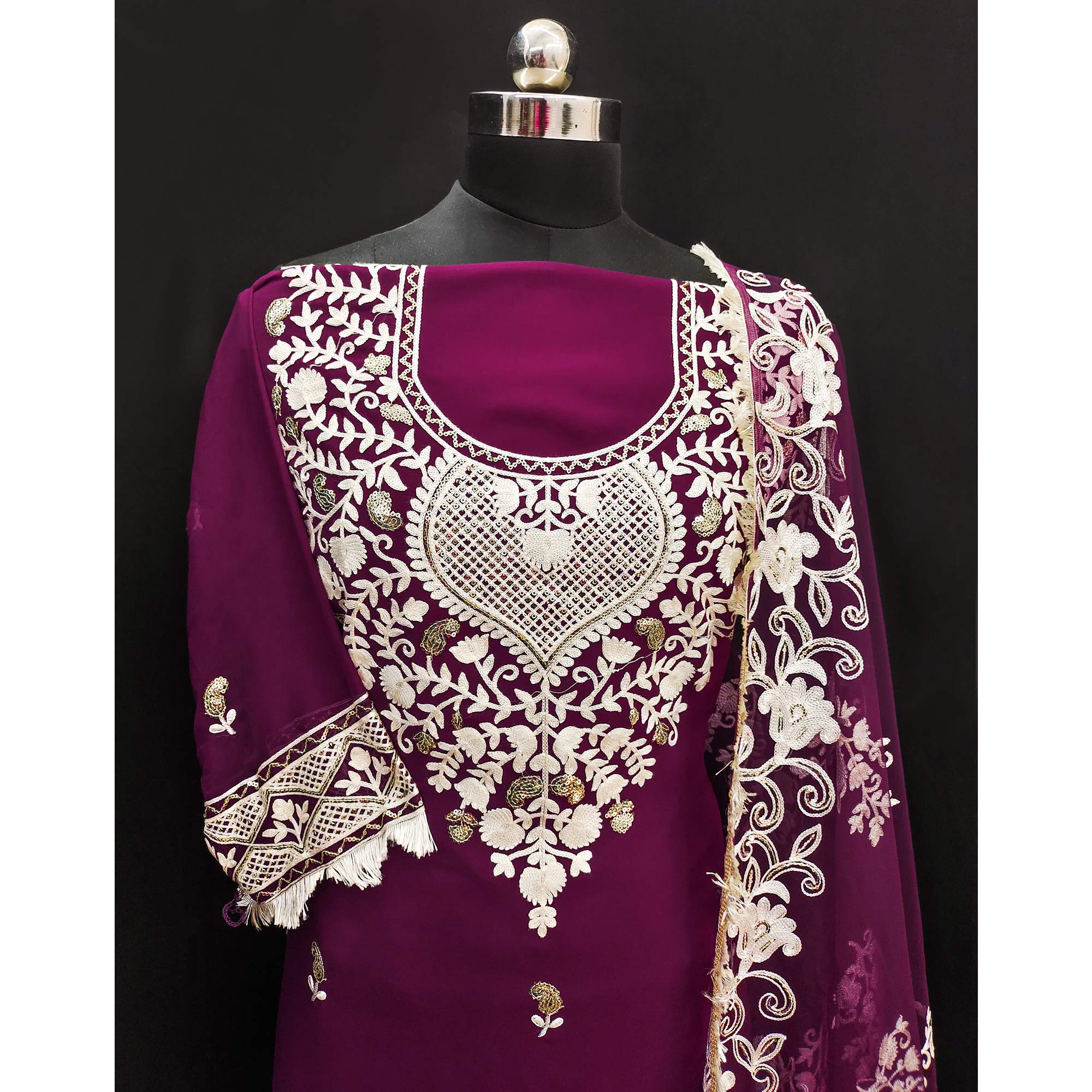 Purple Floral Embroidered Georgette Dress Material