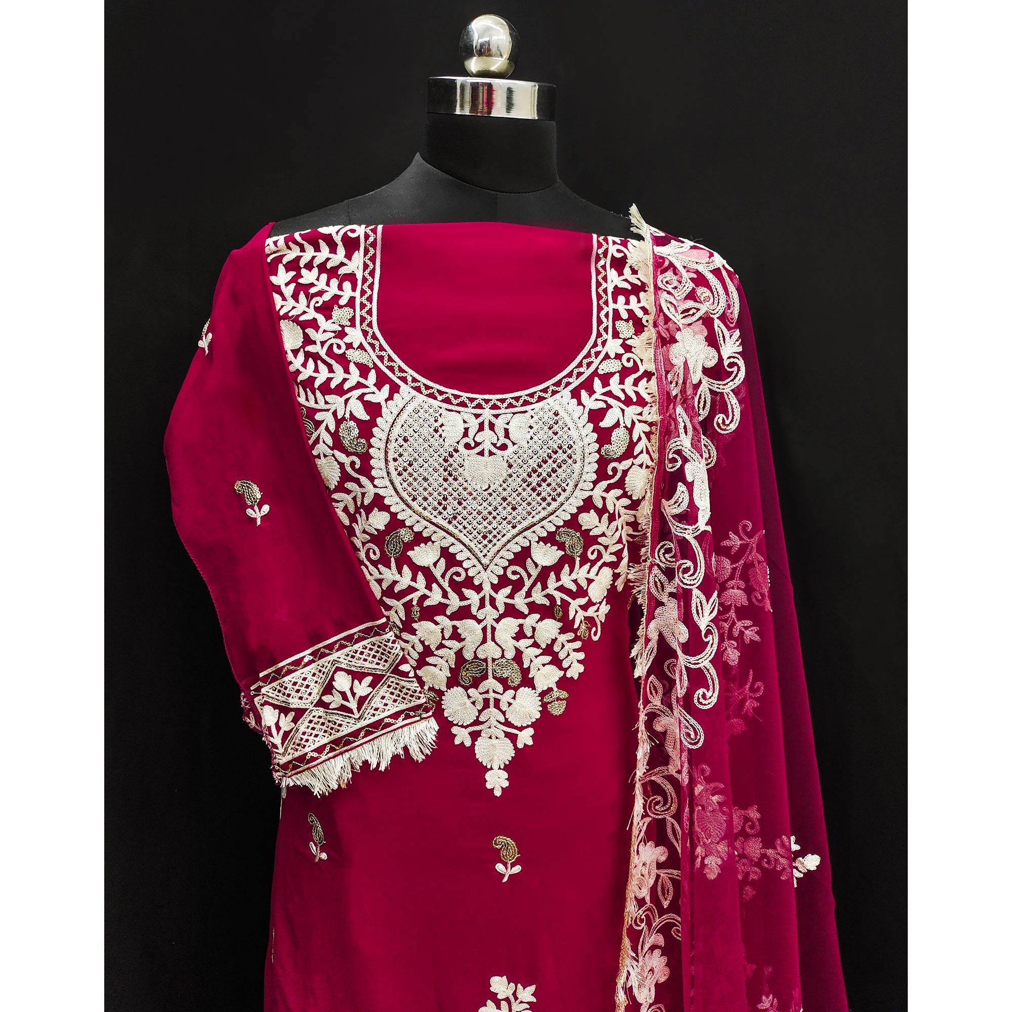 Rani Pink Floral Embroidered Georgette Dress Material