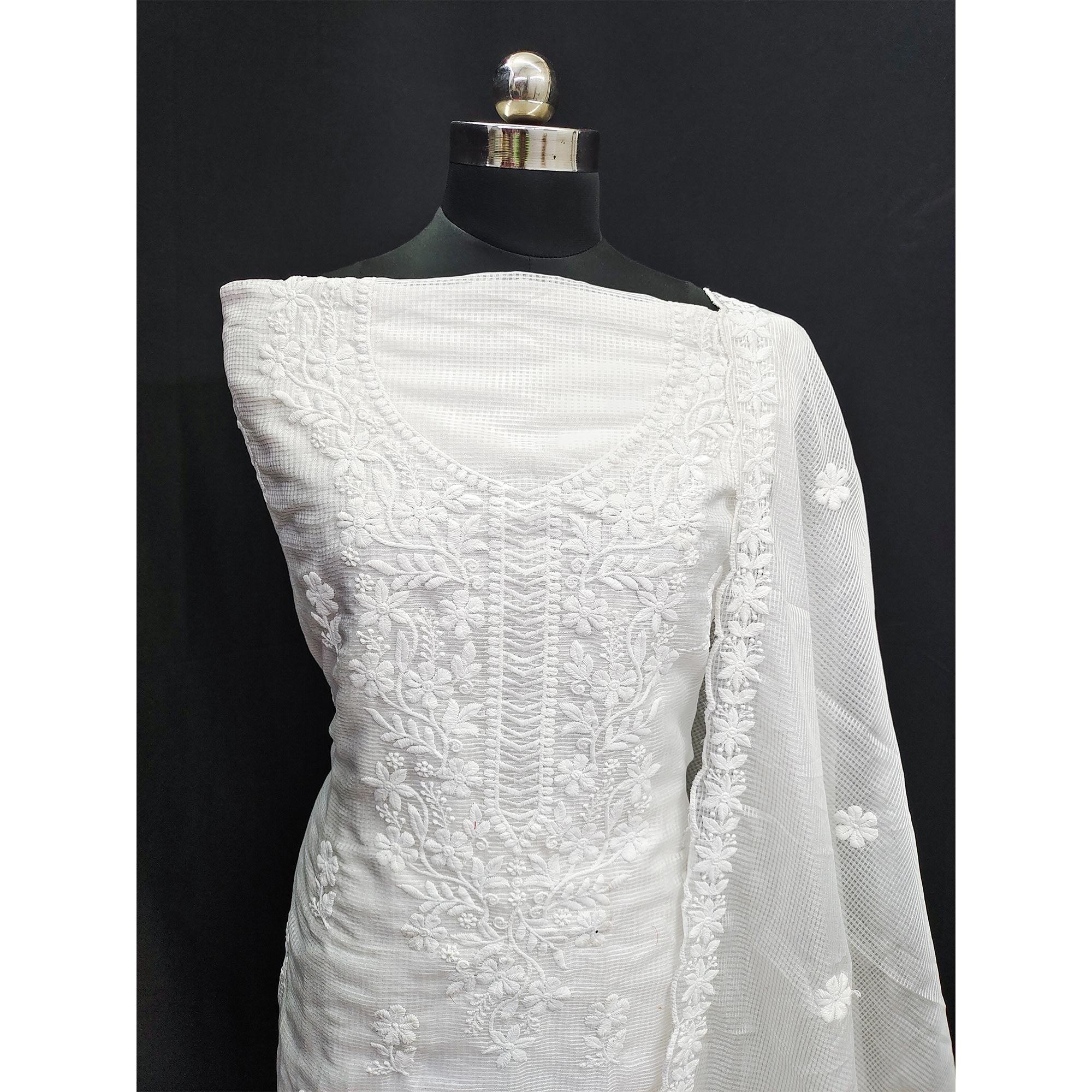 White Floral Embroidered Kota Doria Dress Material