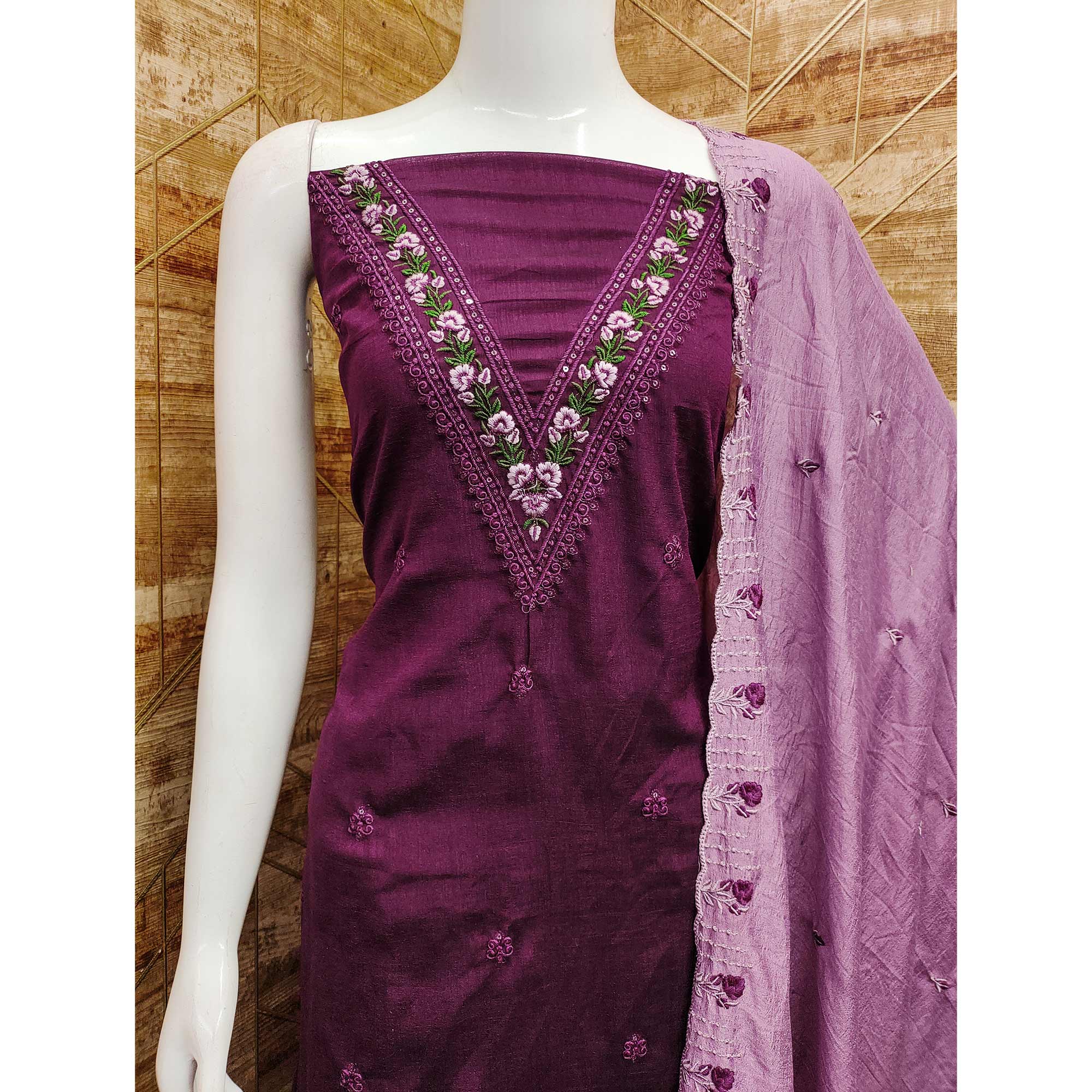 Purple Floral Embroidered Vichitra Silk Dress Material