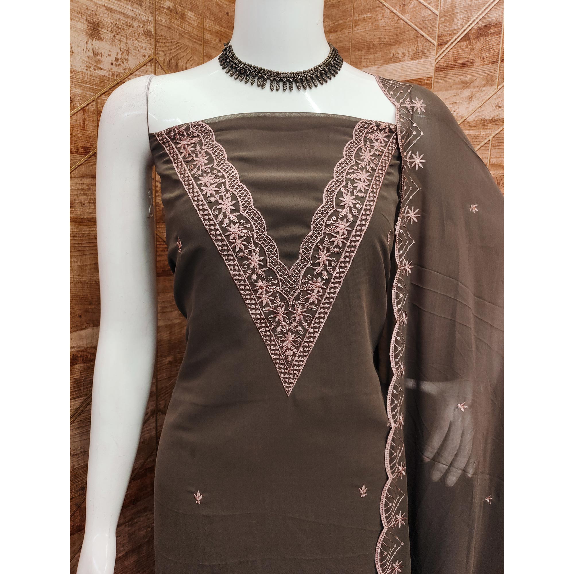 Brown Floral Embroidered Georgette Dress Material