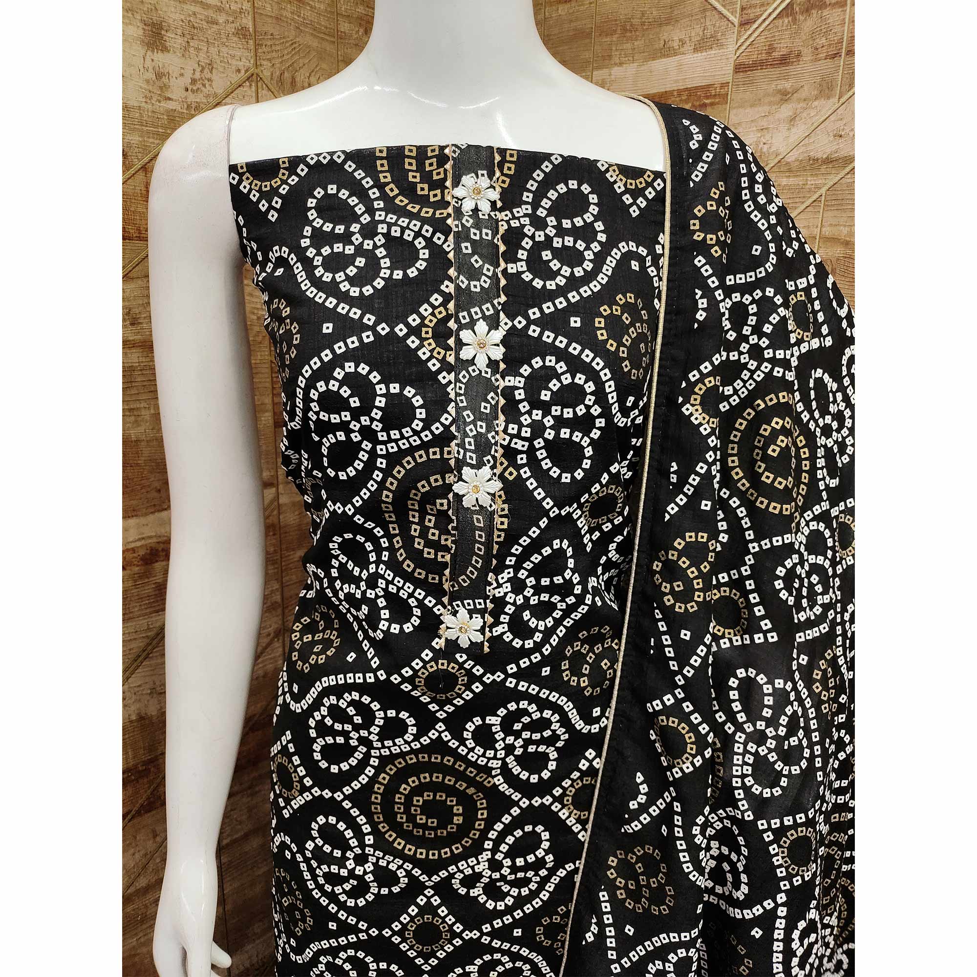 Black Bandhani Printed Vichitra Silk Dress Material