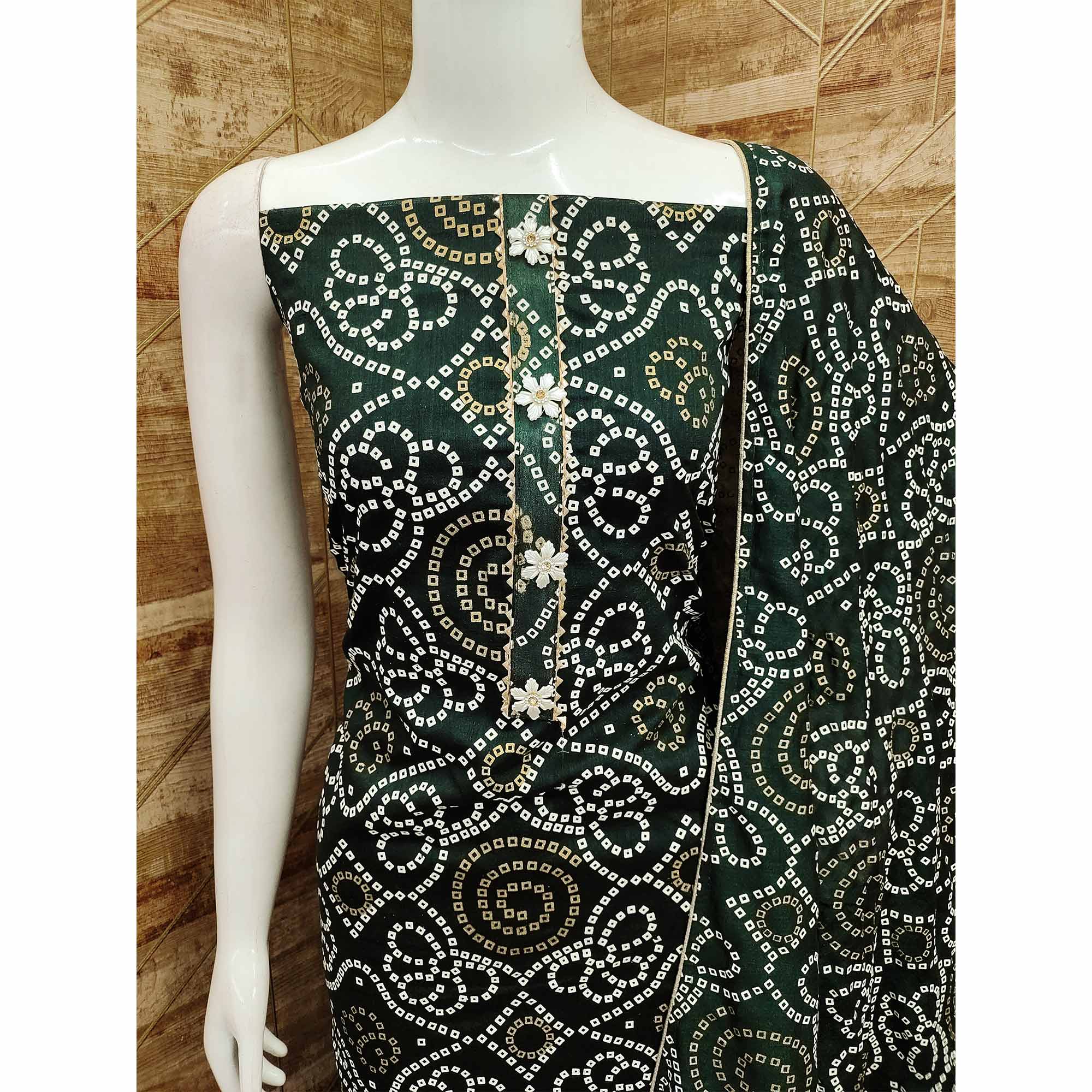 Green Bandhani Printed Vichitra Silk Dress Material