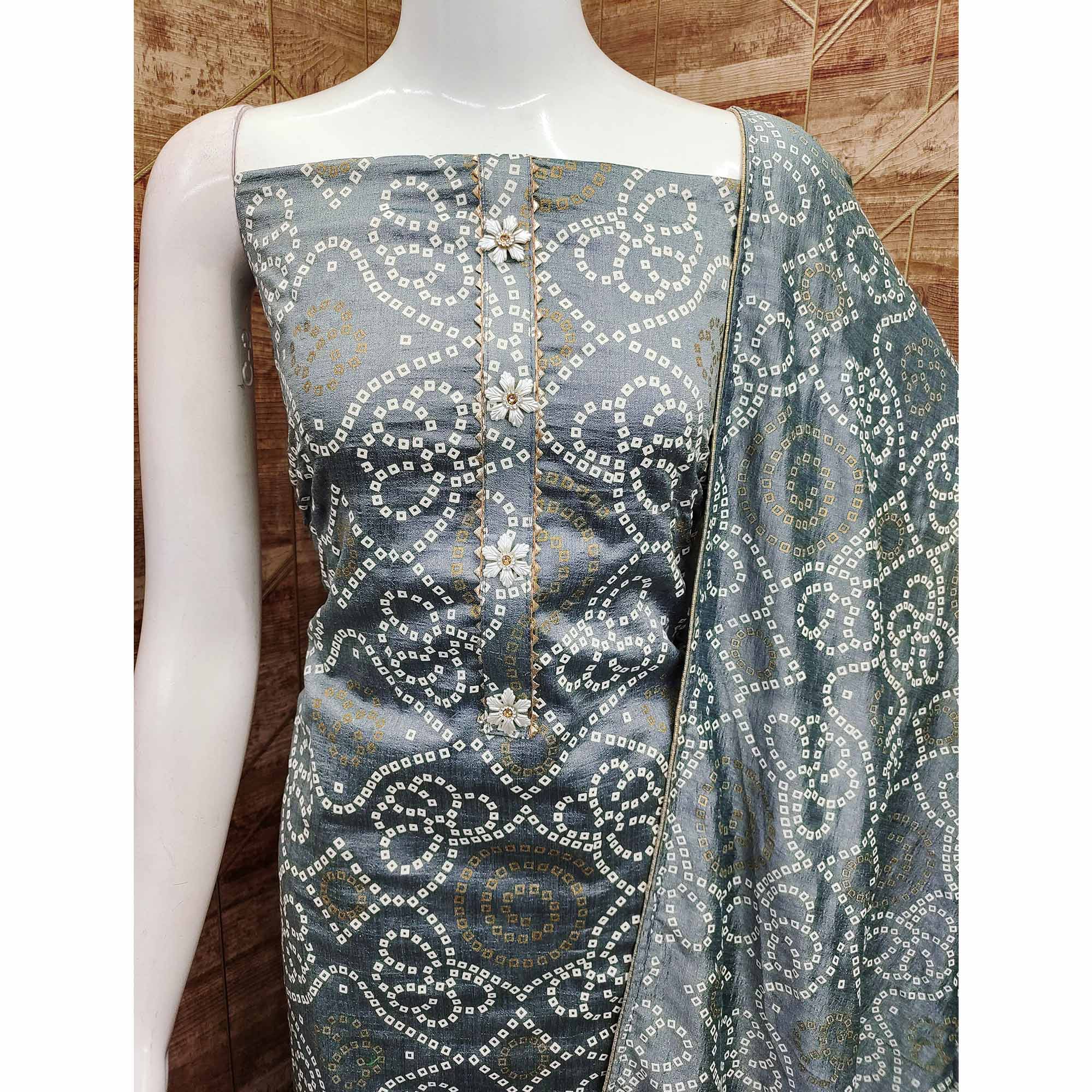 Grey Bandhani Printed Vichitra Silk Dress Material