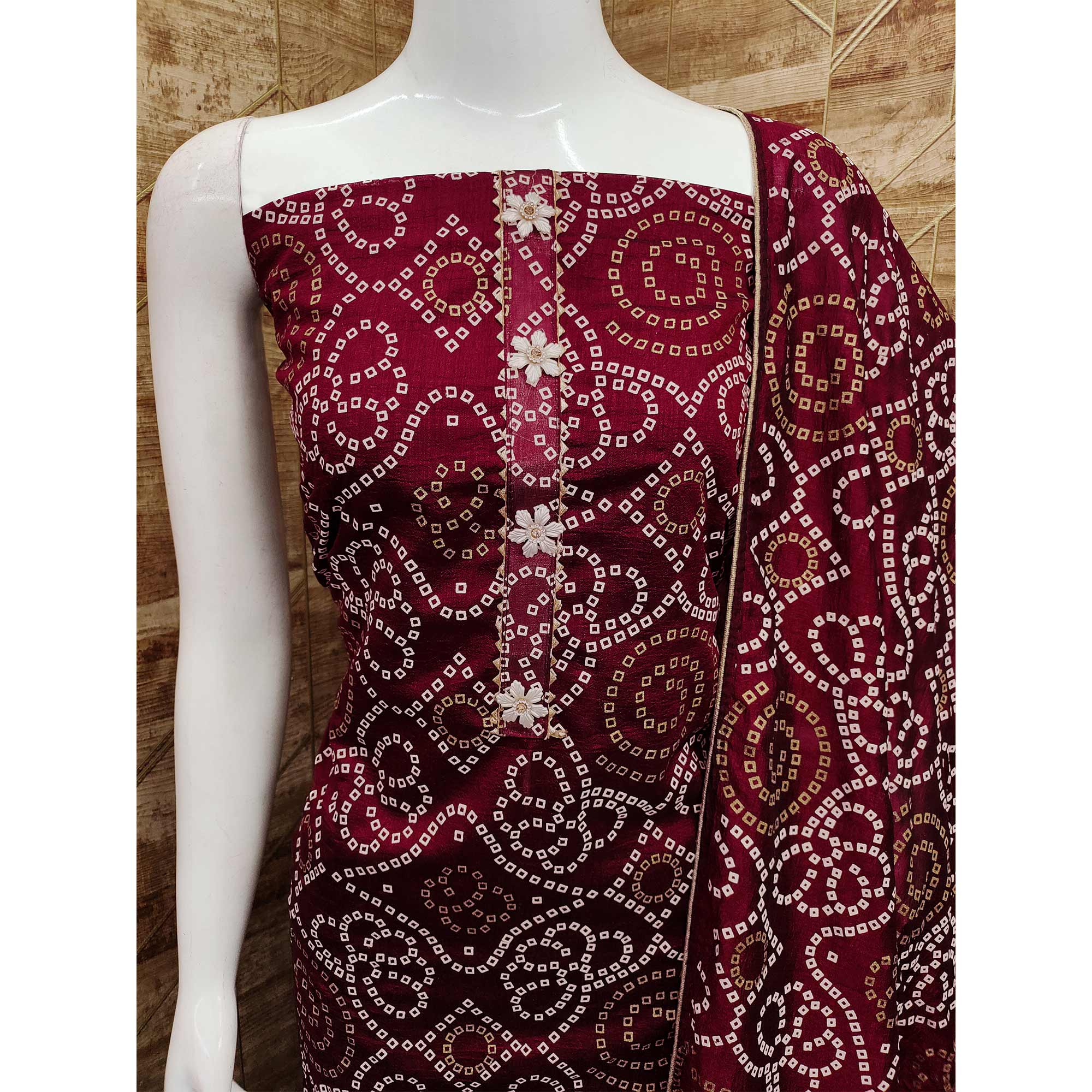 Maroon Bandhani Printed Vichitra Silk Dress Material