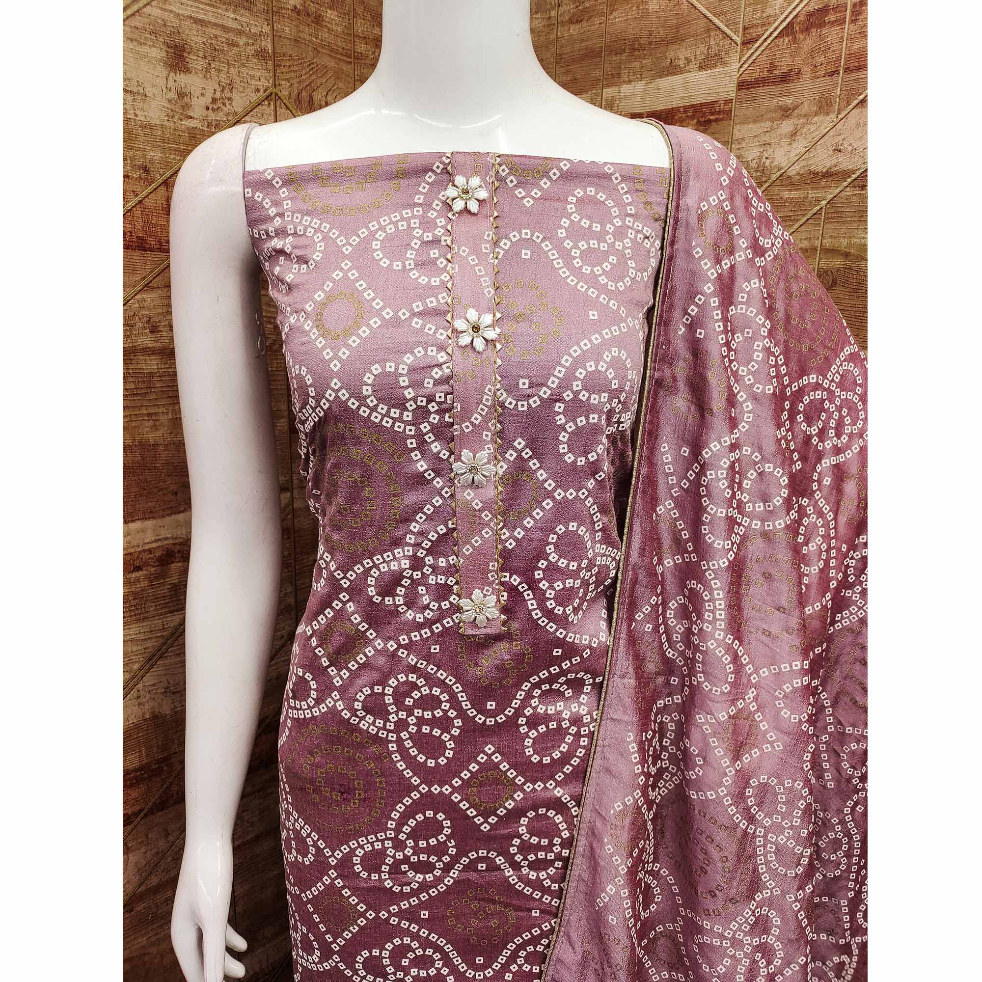 Mauve Bandhani Printed Vichitra Silk Dress Material