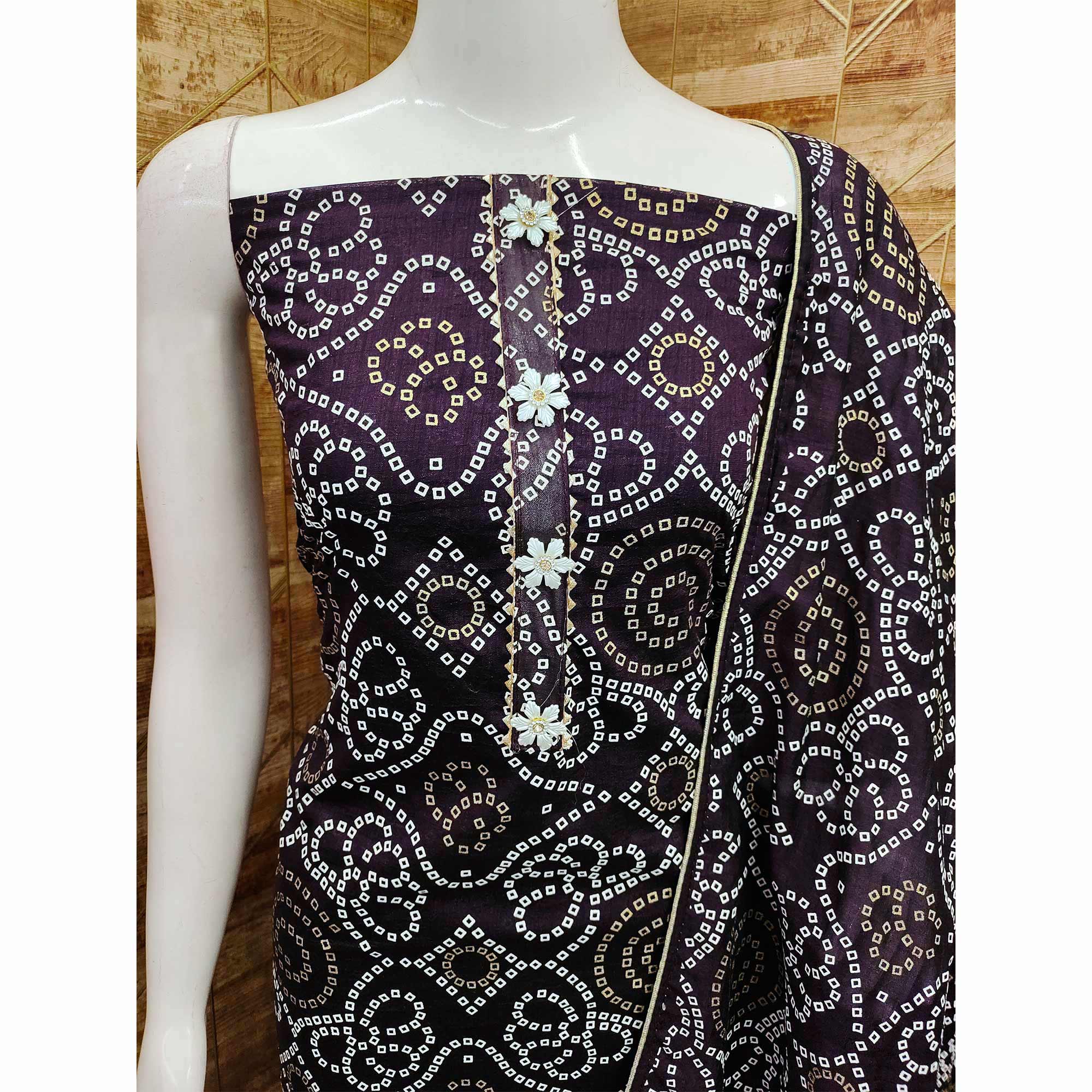 Purple Bandhani Printed Vichitra Silk Dress Material