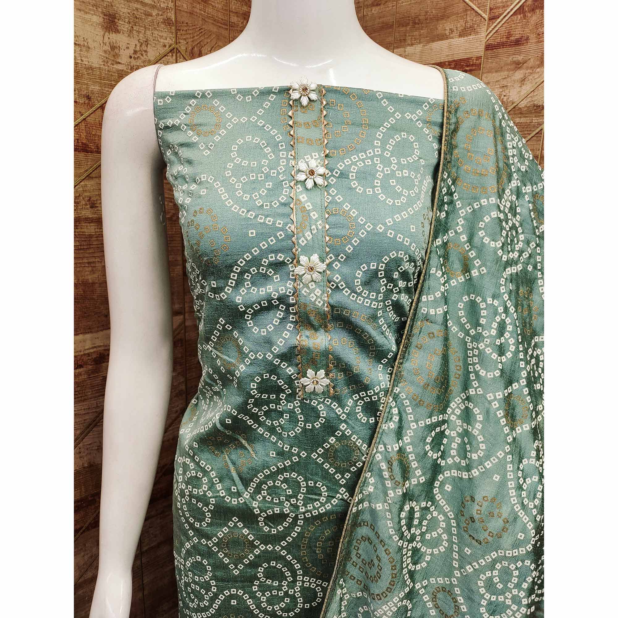 Sea Green Bandhani Printed Vichitra Silk Dress Material