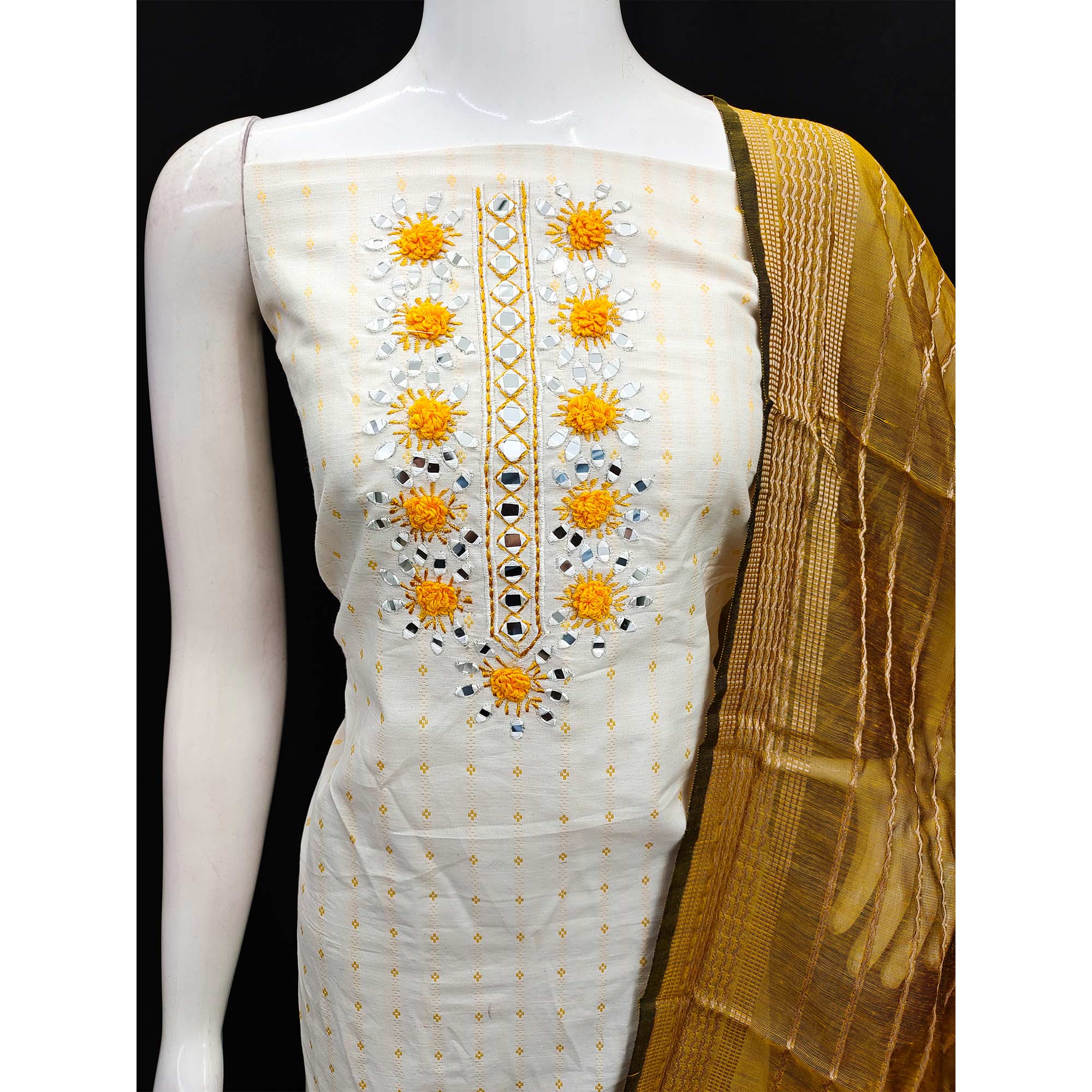 White & Mustard Floral Woven Pure Cotton Dress Material