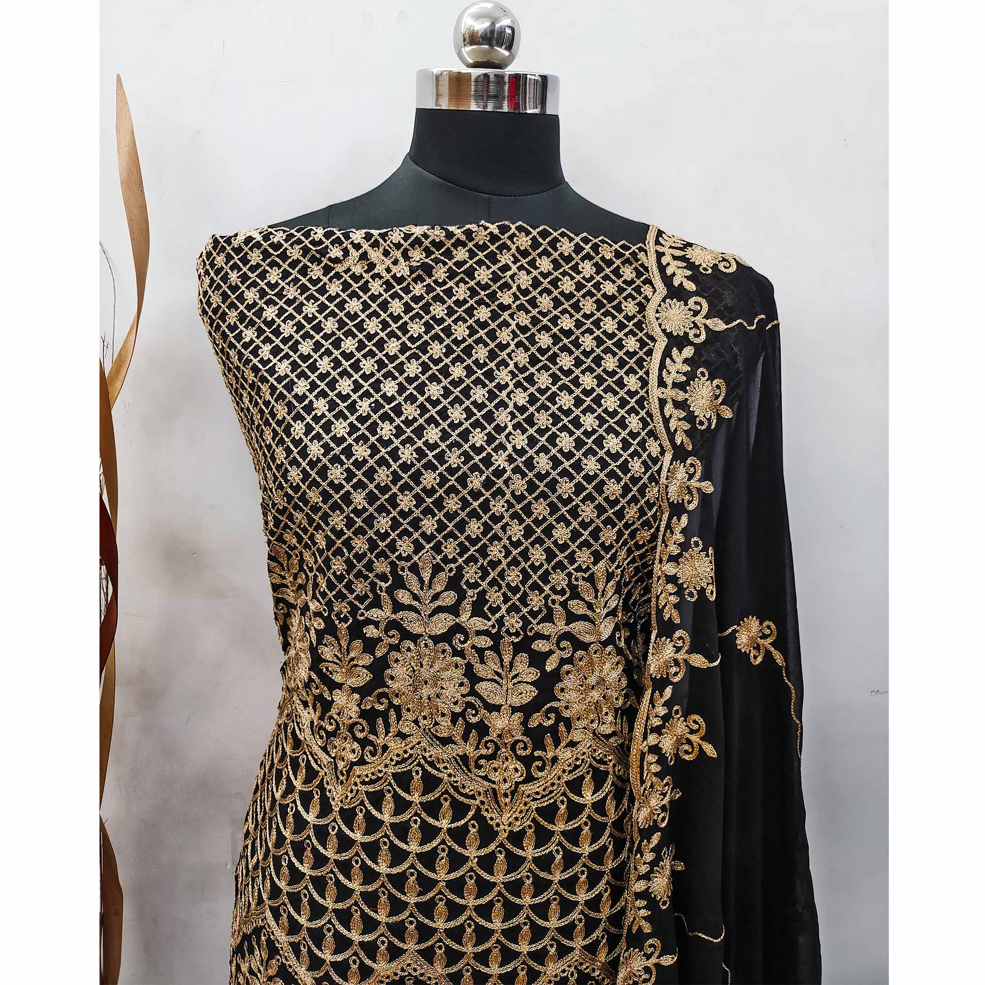 Black Floral Embroidered Georgette Dress Material