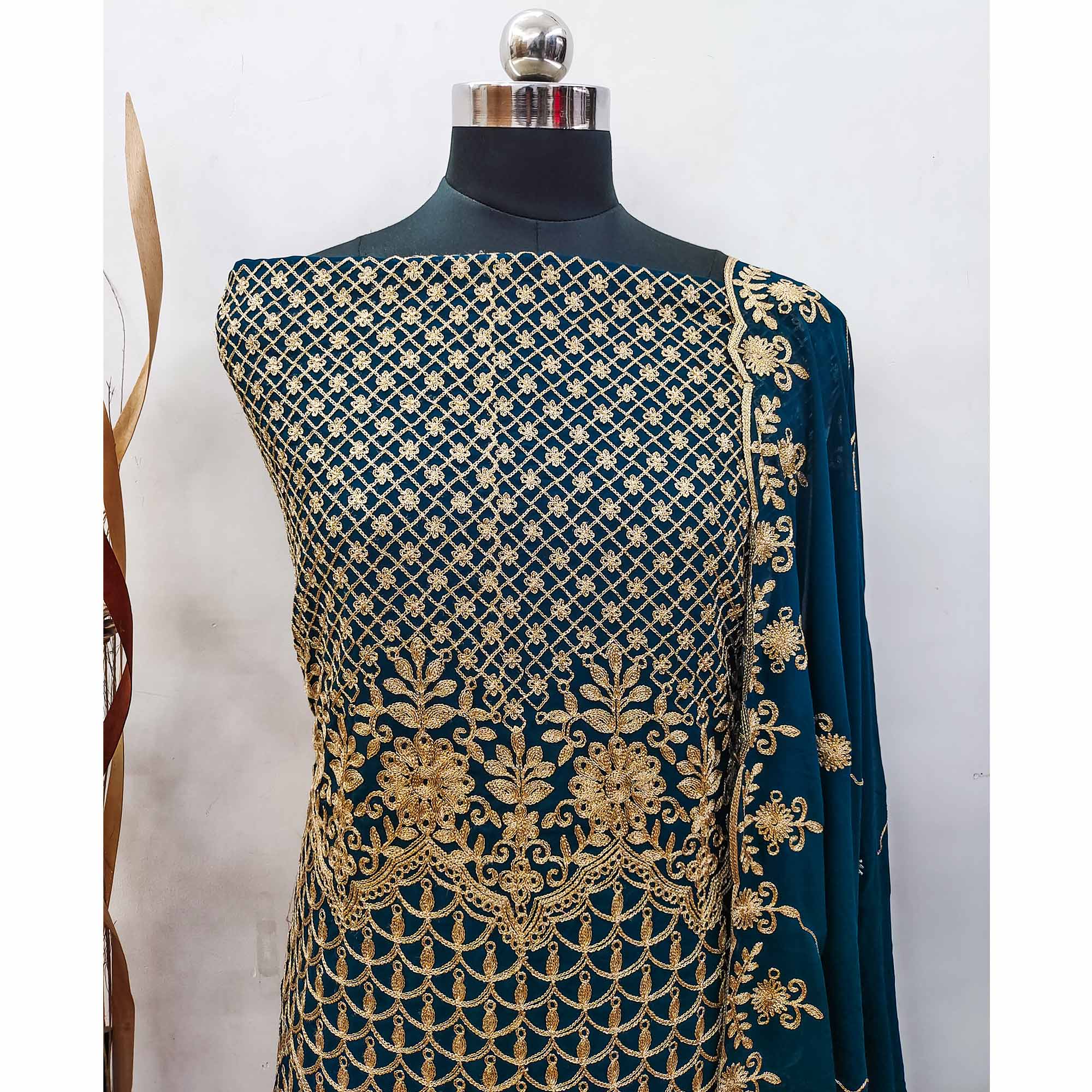 Teal Floral Embroidered Georgette Dress Material