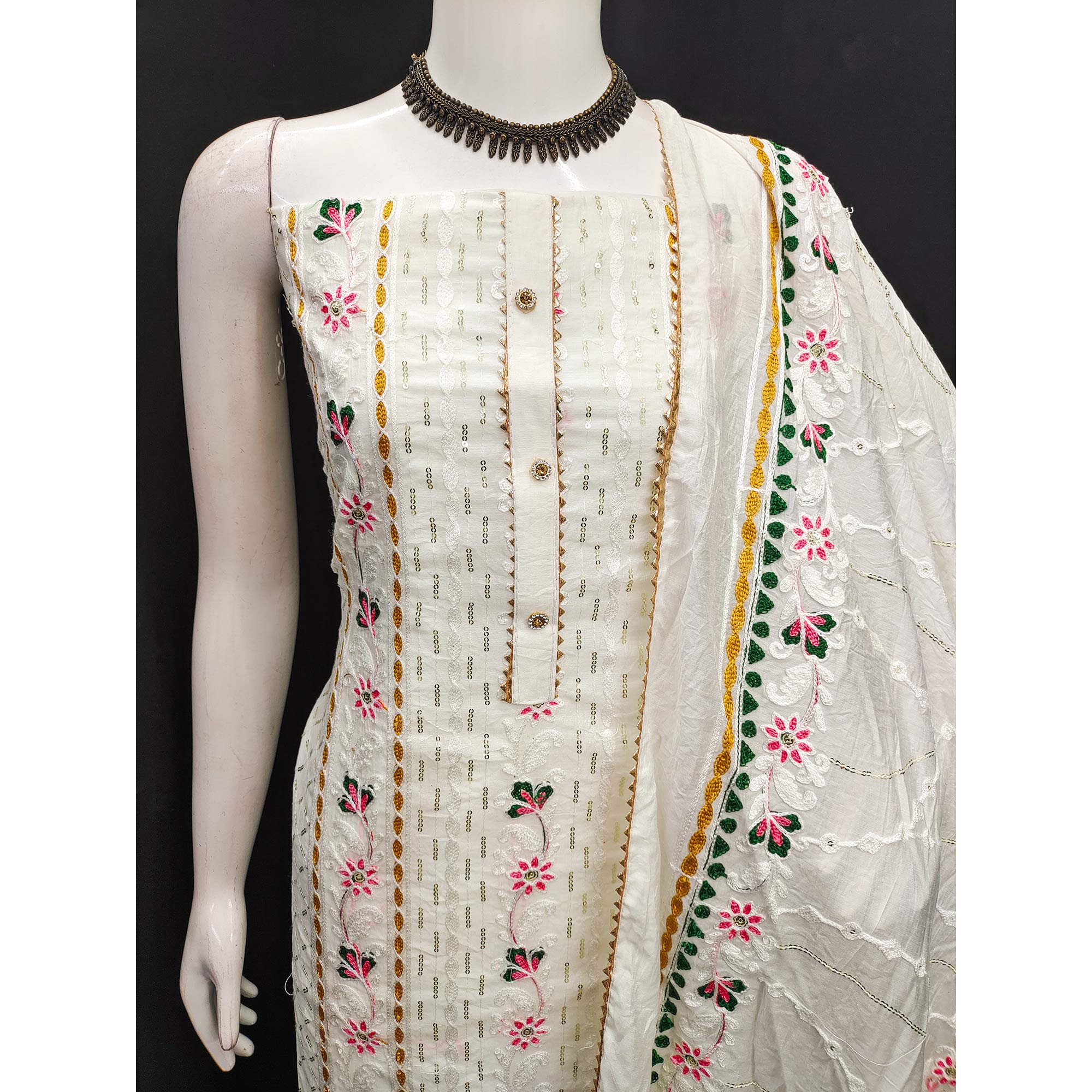White Floral Embroidered Chanderi Dress Material
