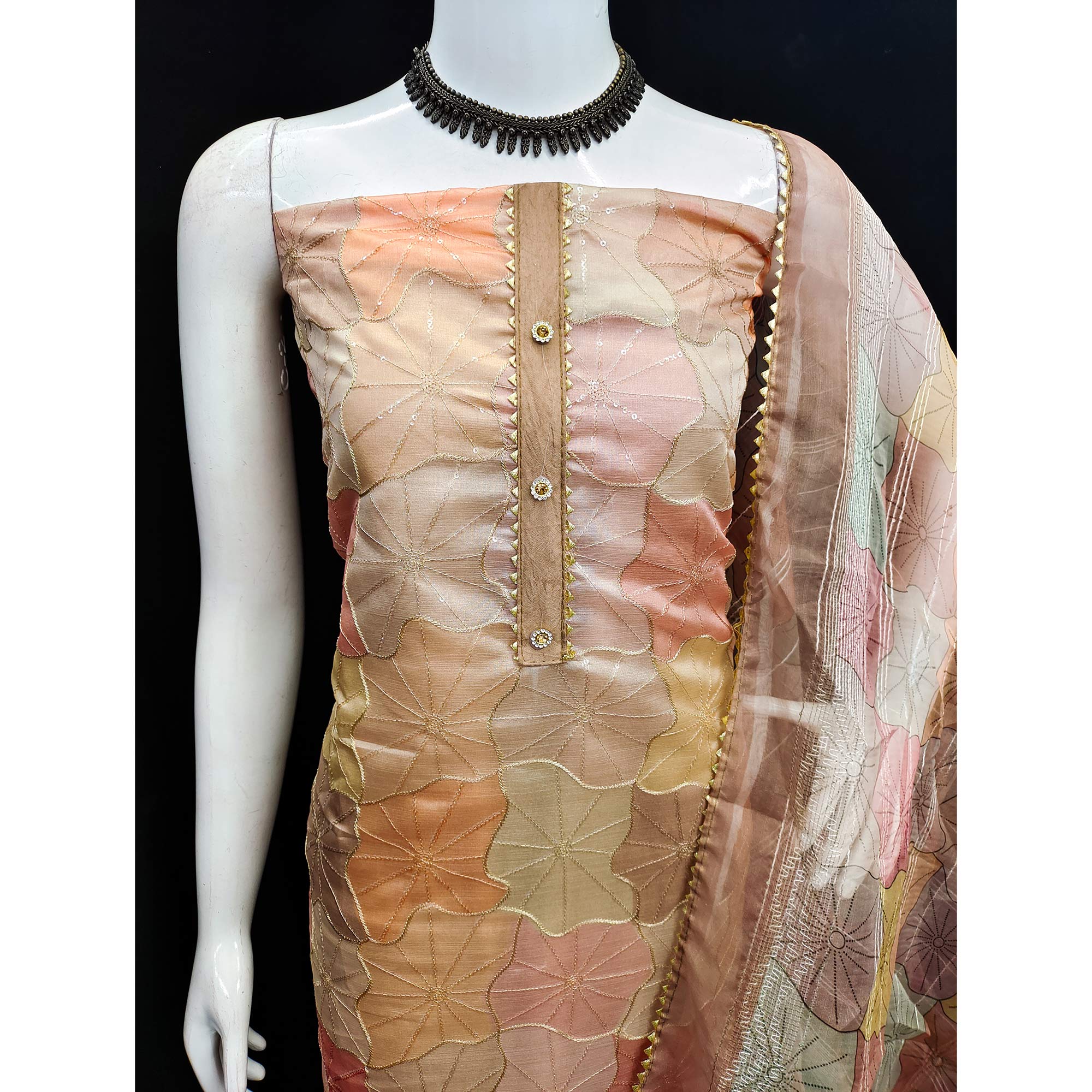 Chikoo Embroidered Organza Dress Material