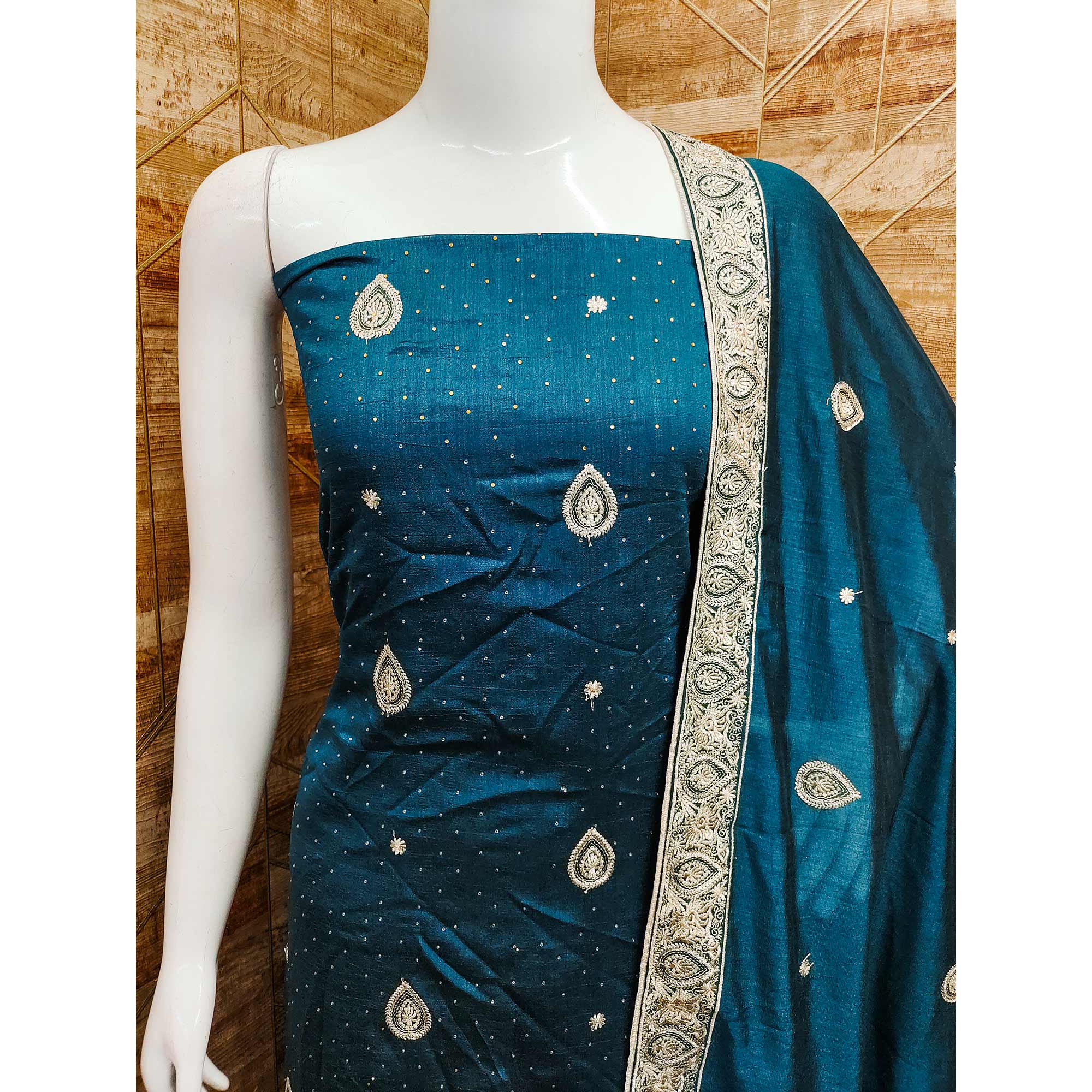 Teal Blue Embroidered Vichitra Silk Dress Material