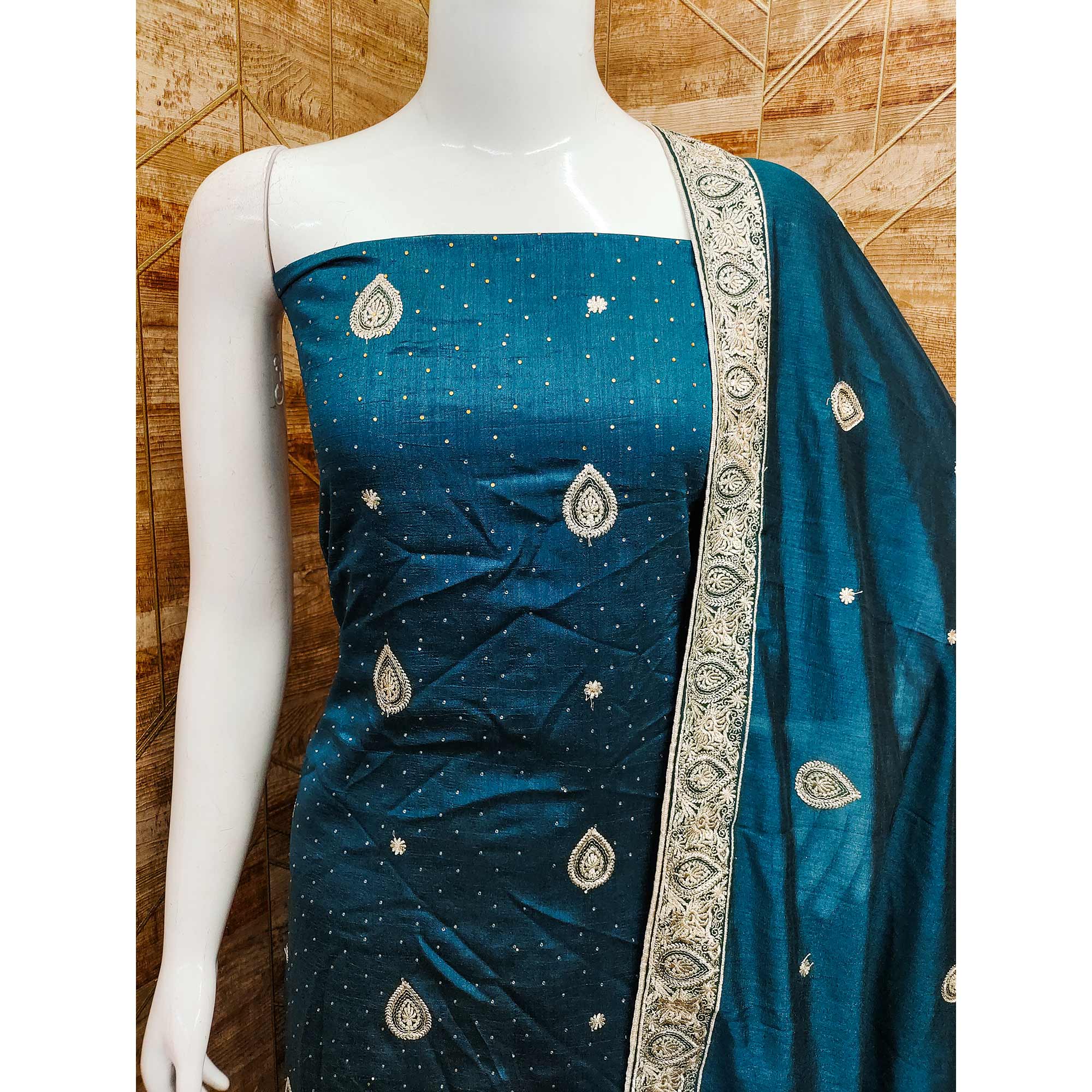 Teal Blue Embroidered Vichitra Silk Dress Material