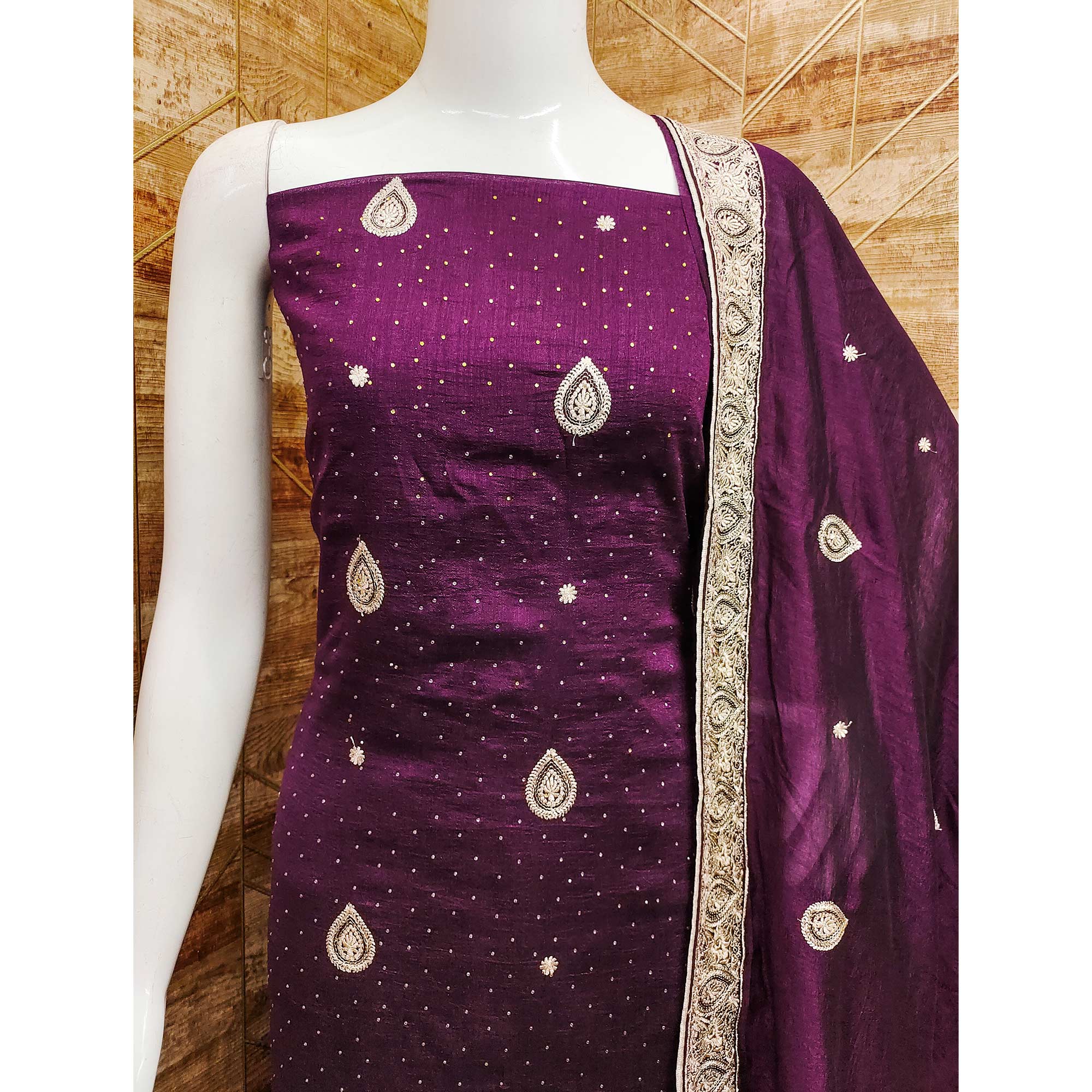 Wine Embroidered Vichitra Silk Dress Material