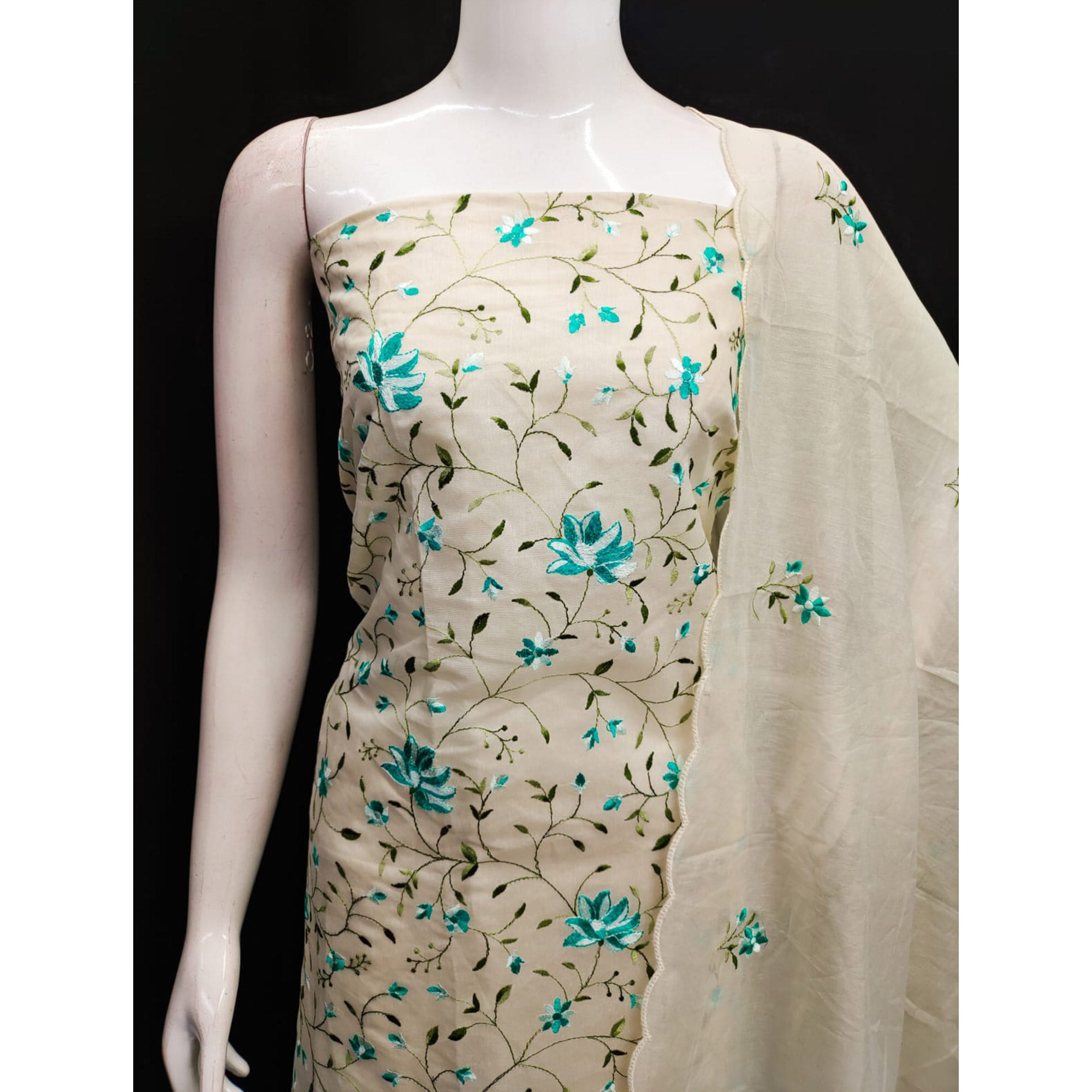 Off White & Turquoise Floral Embroidered Chanderi Silk Dress Material