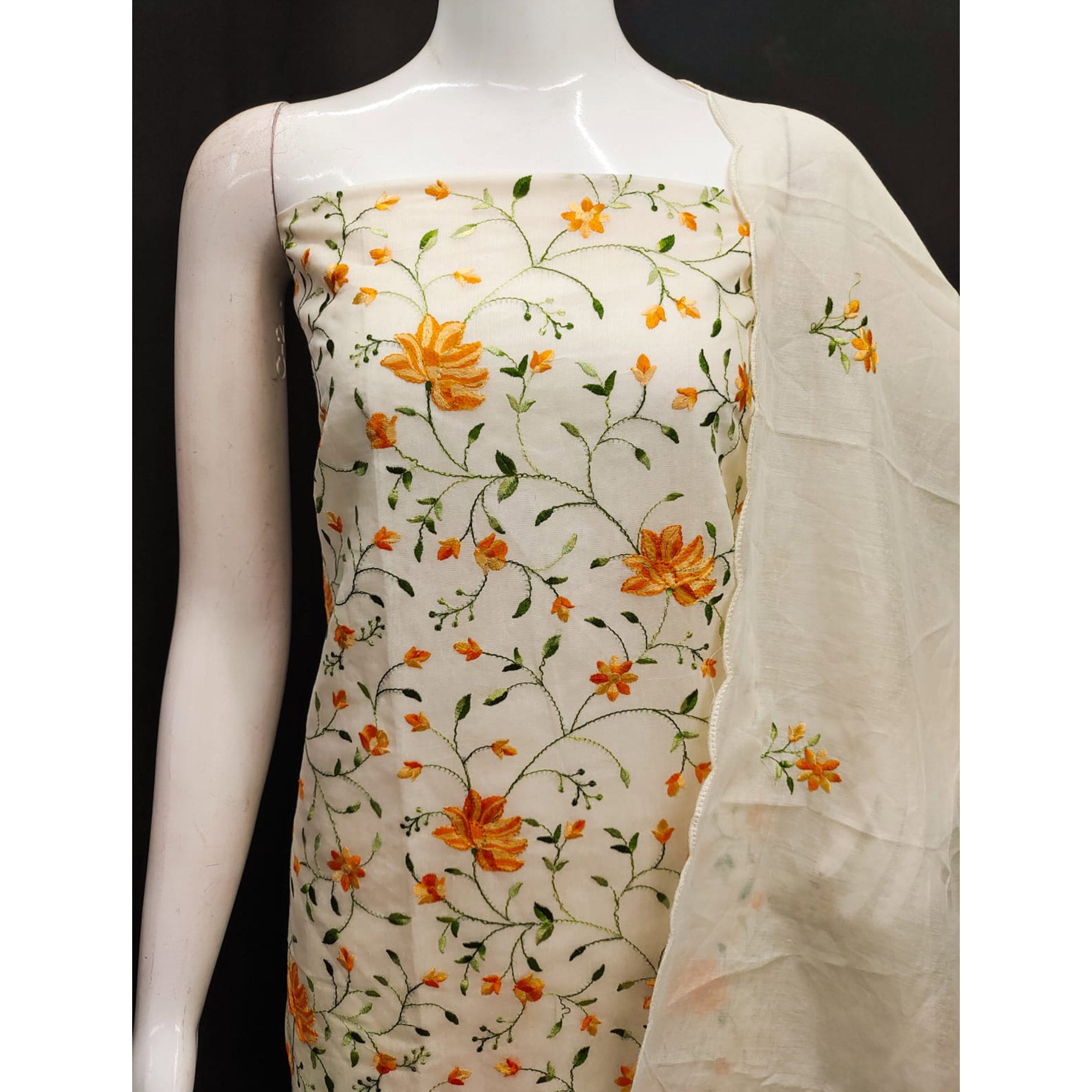Off White & Yellow Floral Embroidered Chanderi Silk Dress Material
